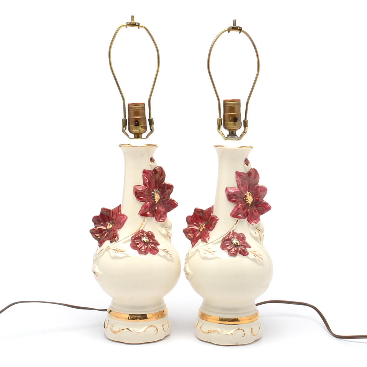 Pair of Vintage Lampcrafts American China Poinsettia Lamps