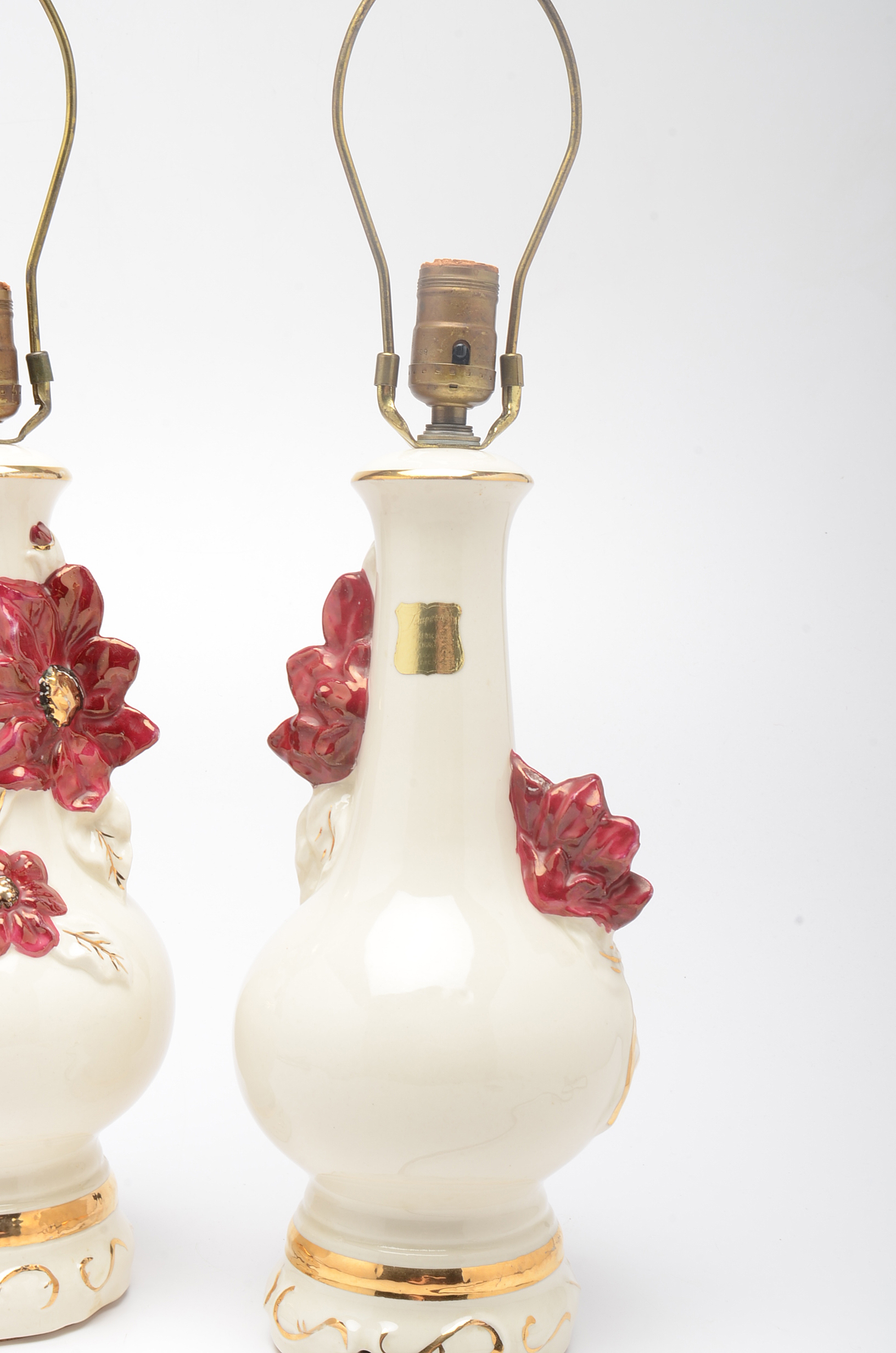 Pair of Vintage Lampcrafts American China Poinsettia Lamps