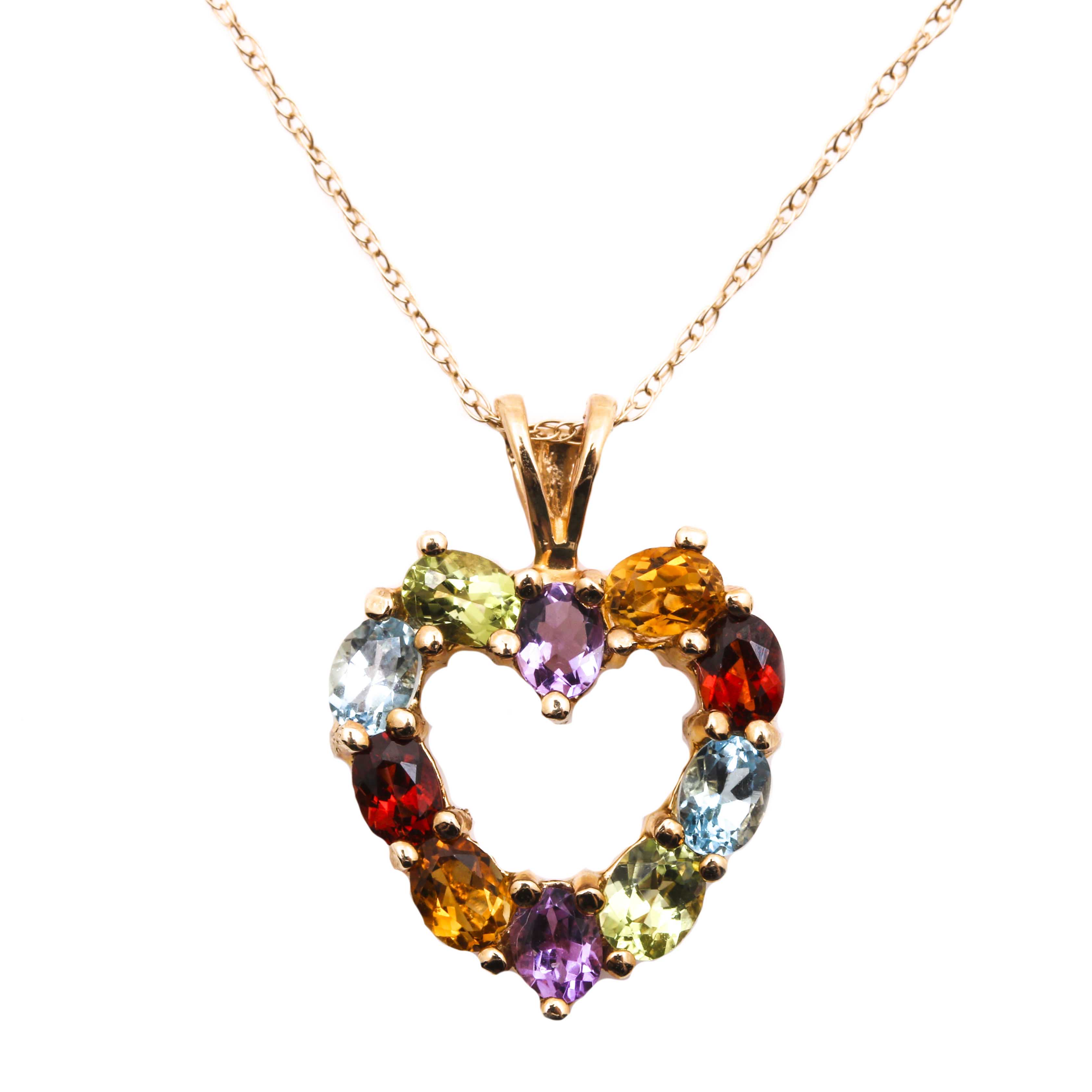 10K Yellow Gold Gemstone Heart Pendant Necklace