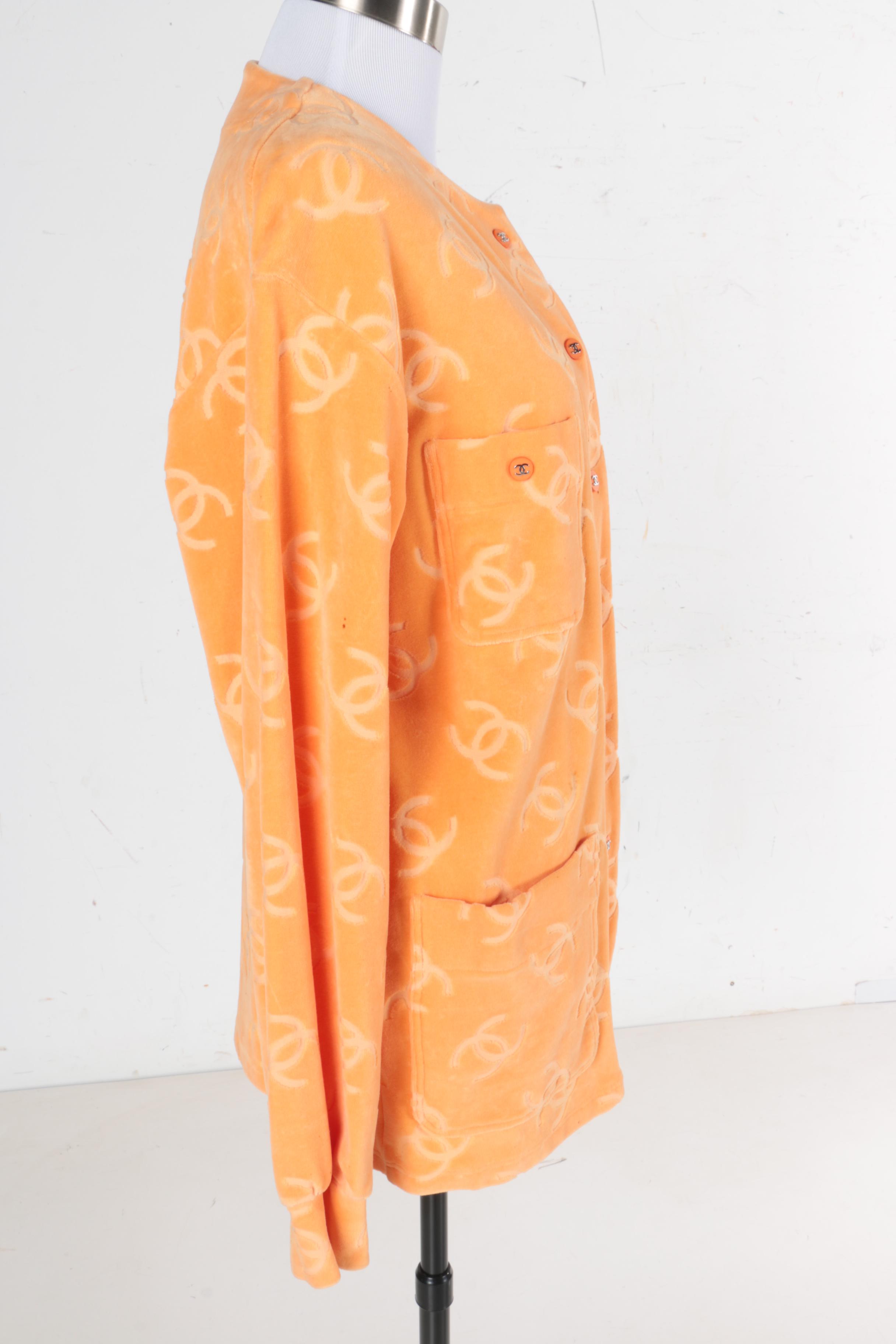 Chanel Orange Velour CC Logo Cardigan