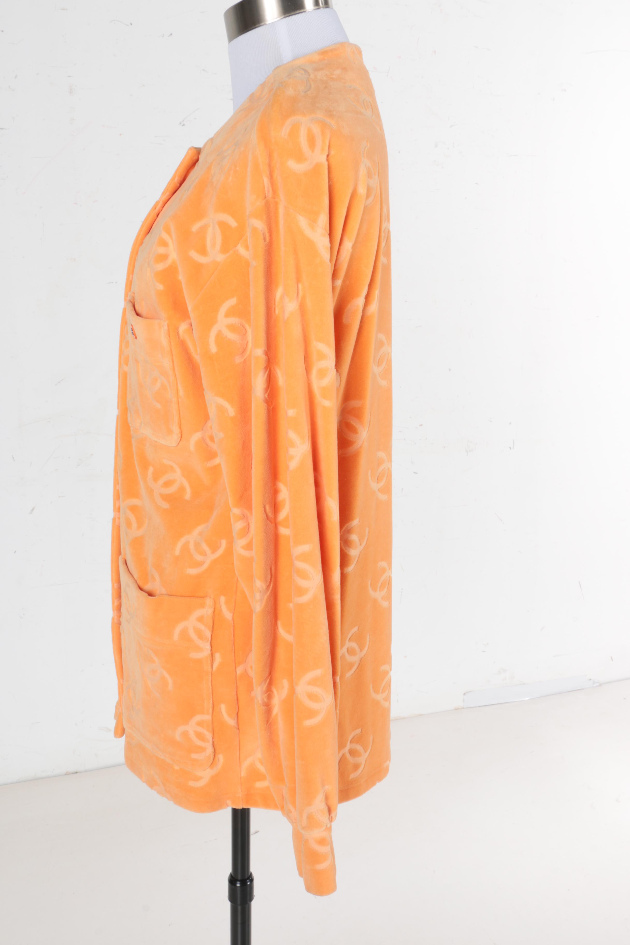 Chanel Orange Velour CC Logo Cardigan