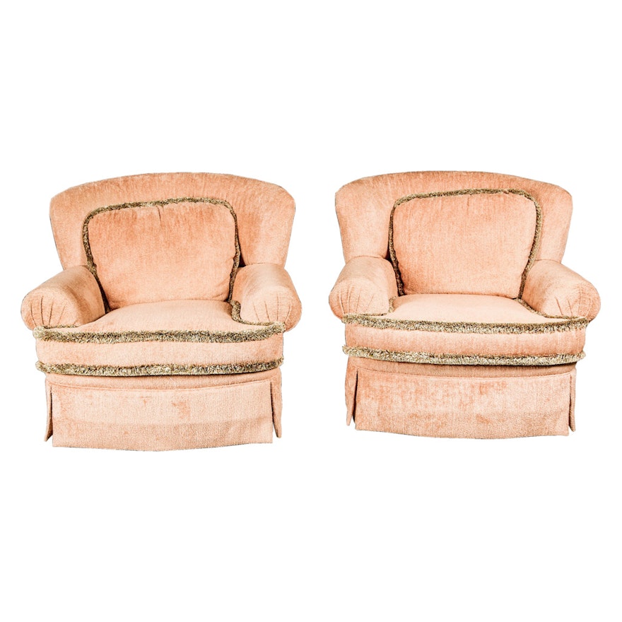 Pair of Salmon Upholstered Lounge Chairs With Brush Fringe