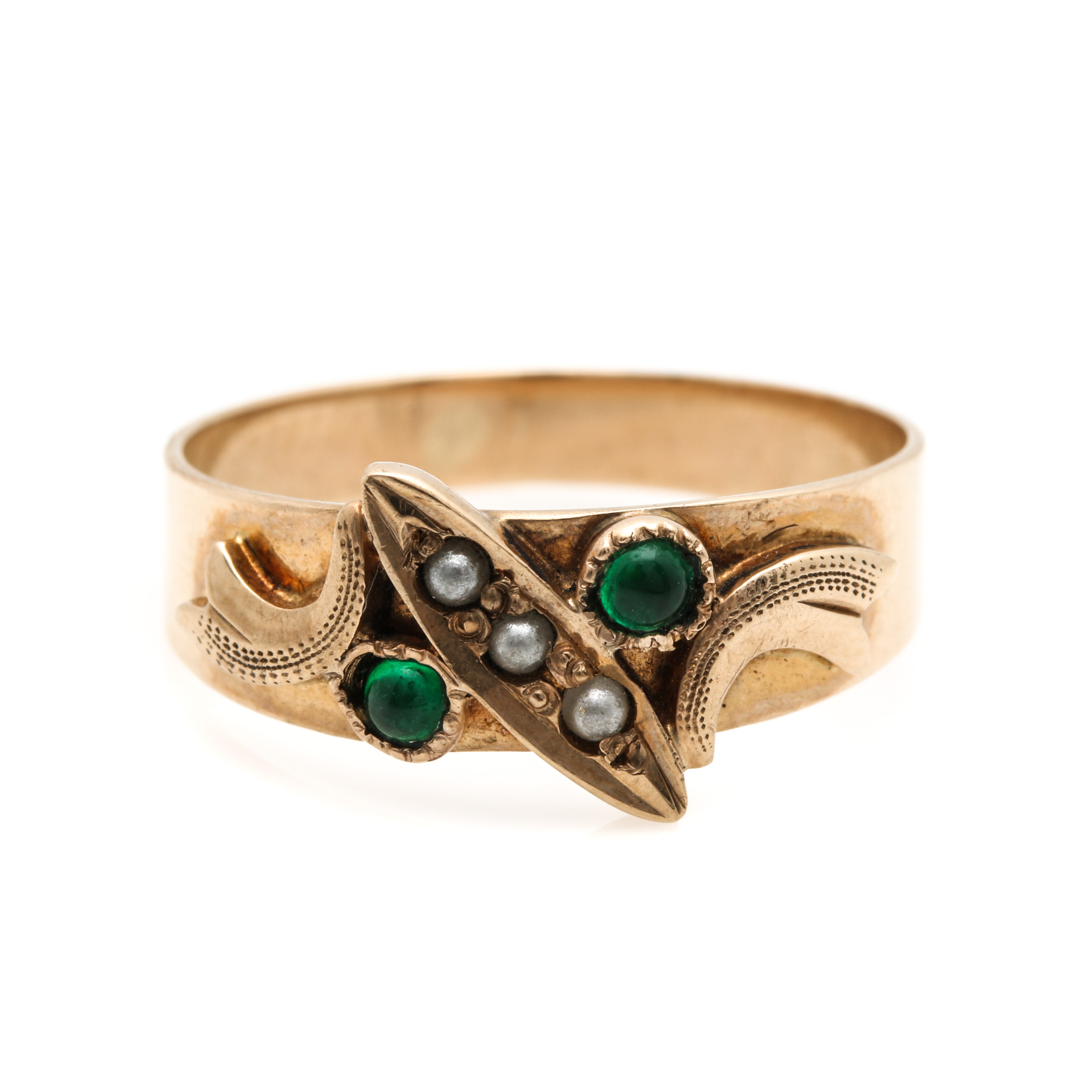 10K Yellow Gold Green Glass and Seed Pearl Ring