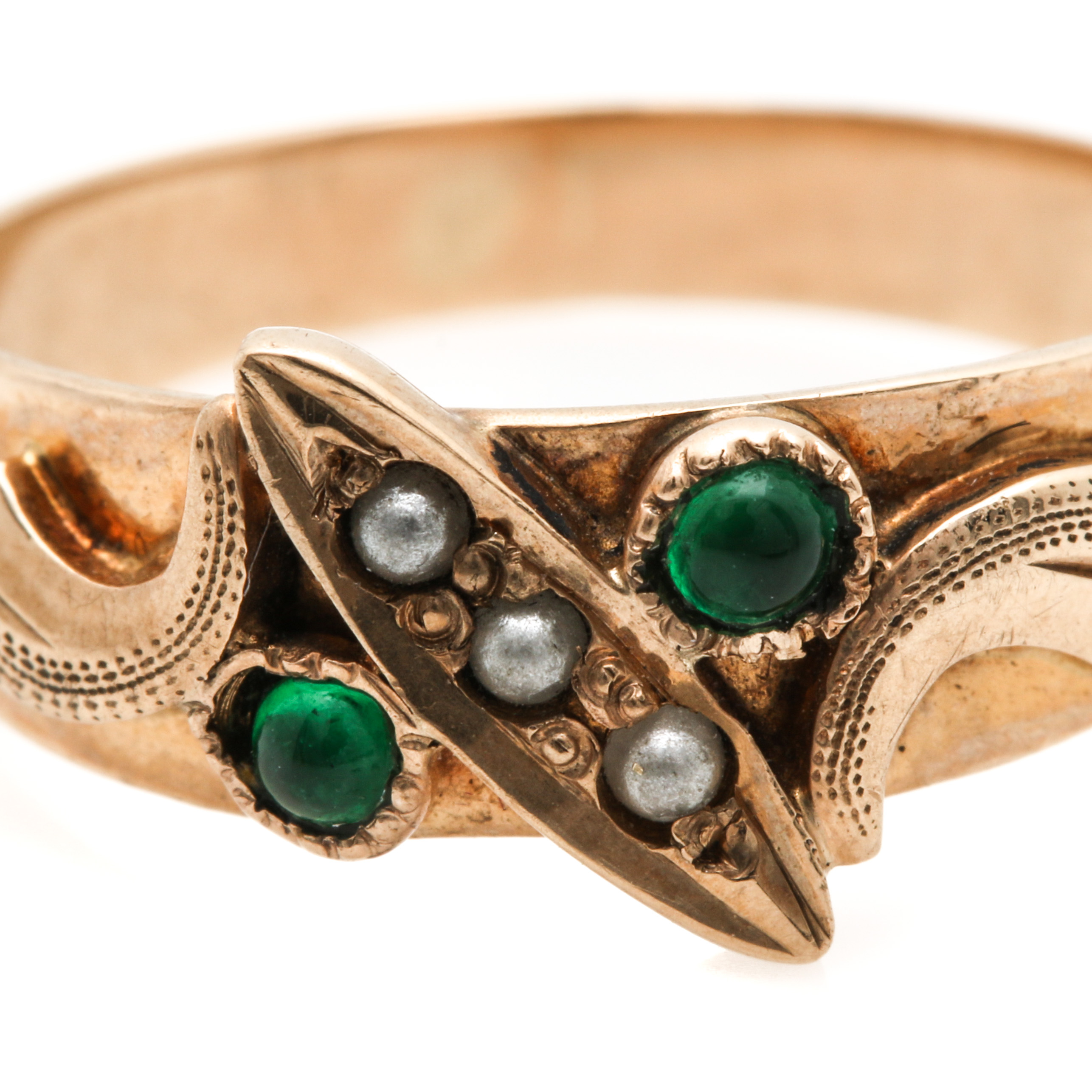 10K Yellow Gold Green Glass and Seed Pearl Ring