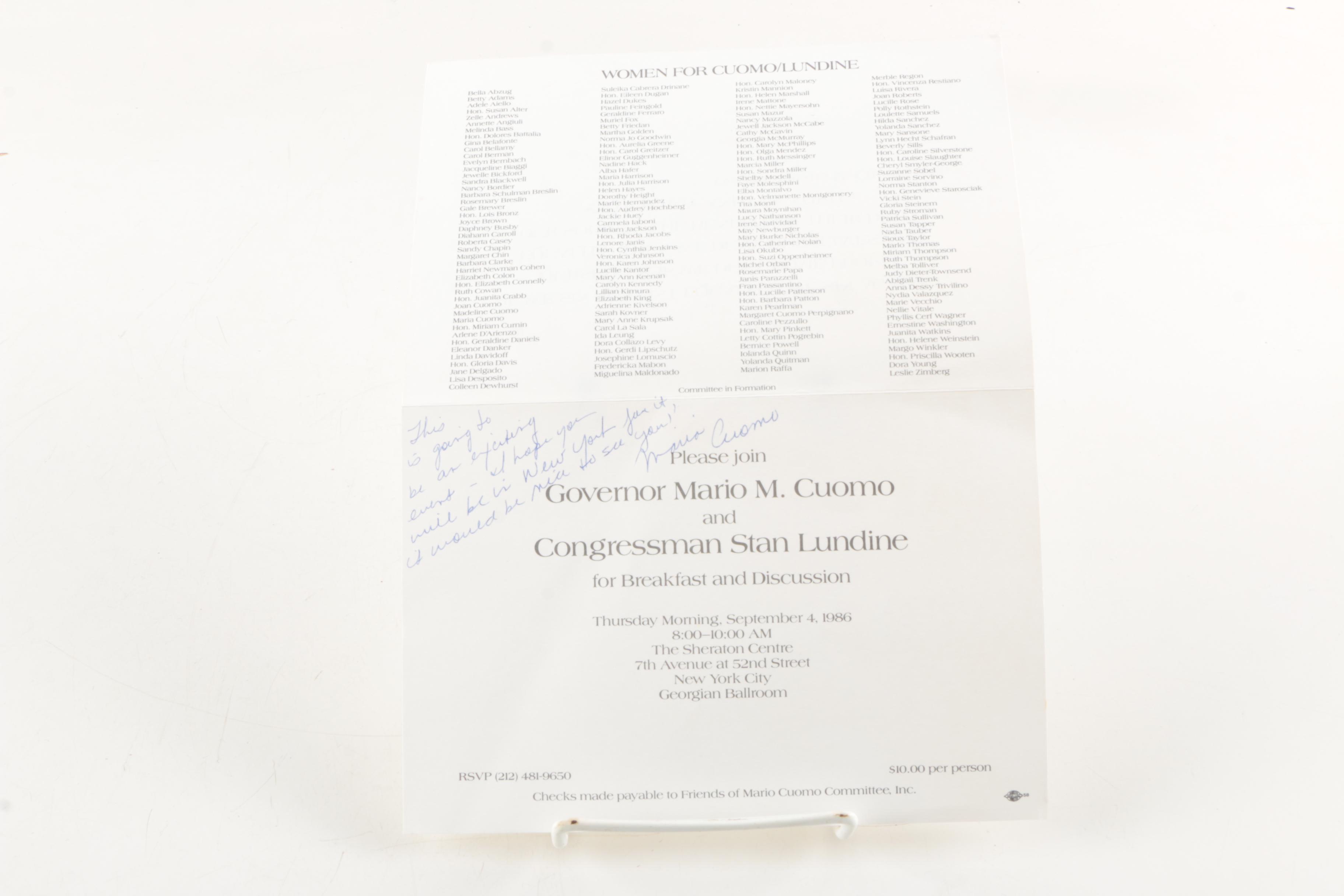 Statue of Liberty Centennial Memorabilia  And Signed Mario Cuomo Invitation