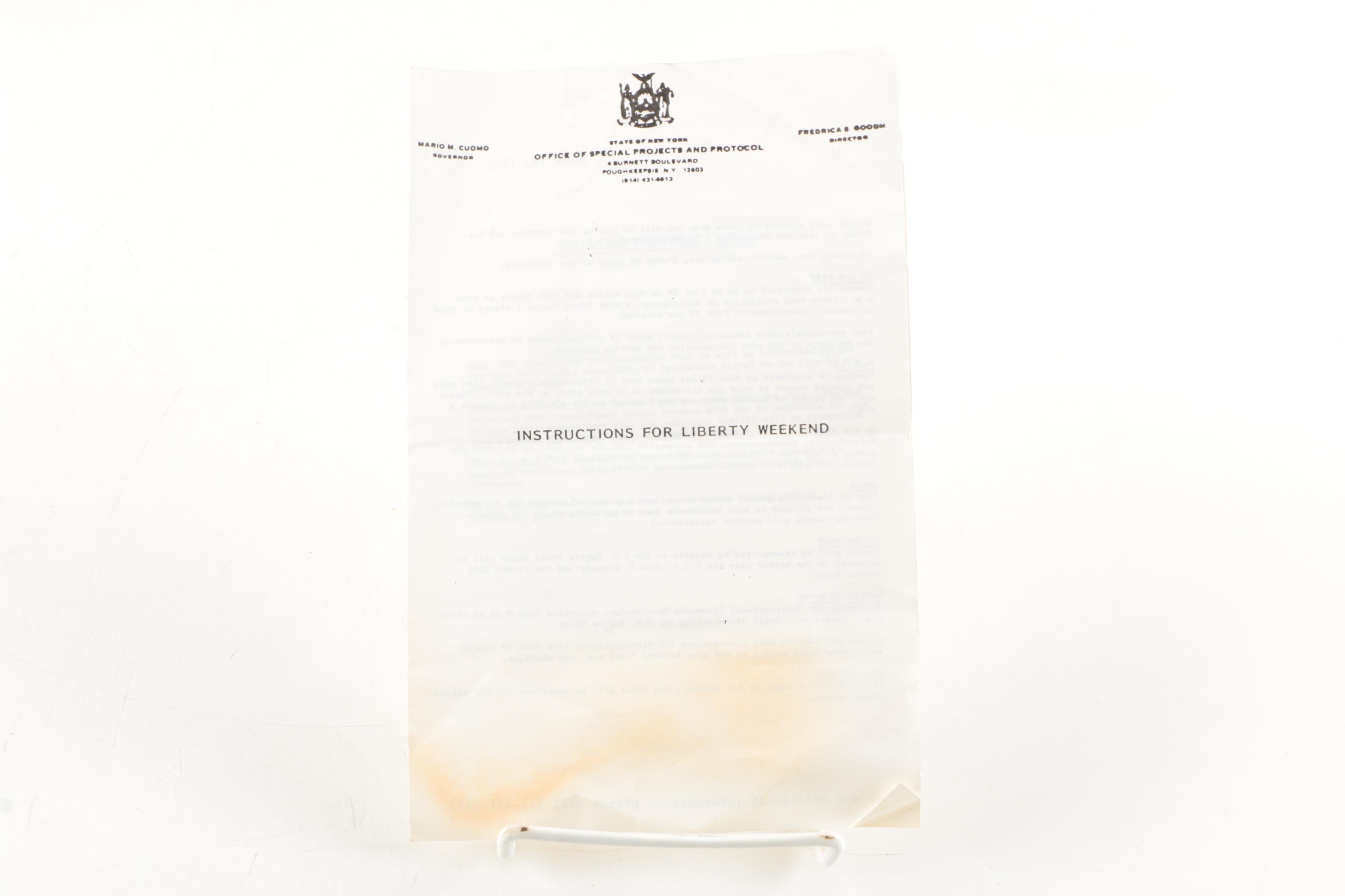 Statue of Liberty Centennial Memorabilia  And Signed Mario Cuomo Invitation