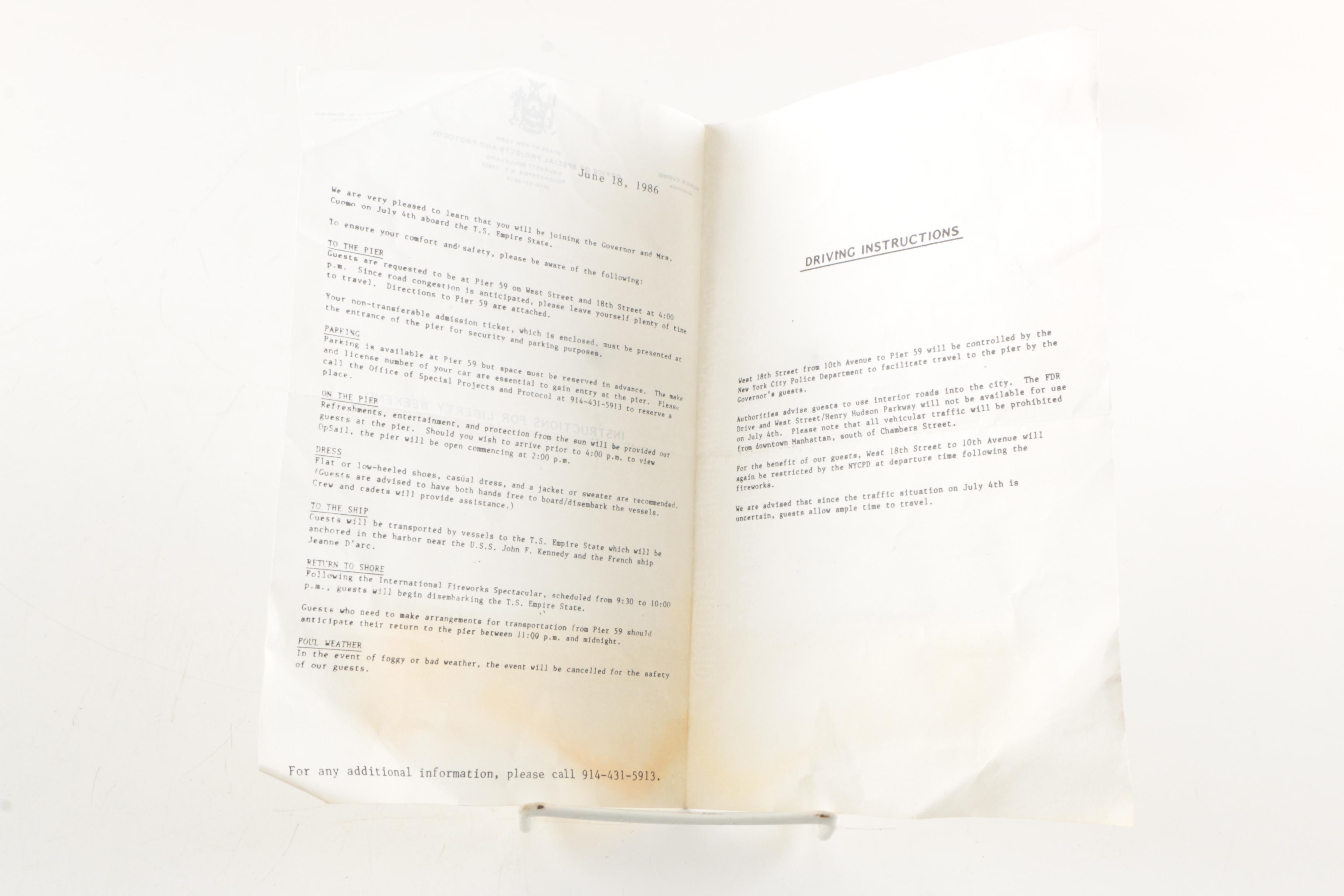 Statue of Liberty Centennial Memorabilia  And Signed Mario Cuomo Invitation