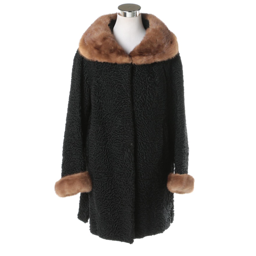 Schiaparelli Black Persian Lamb Fur Coat with Mink Fur Trim