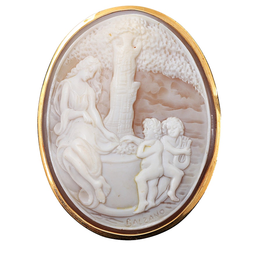 Carved Shell Cameo Converter Brooch in 18K Yellow Gold Mount