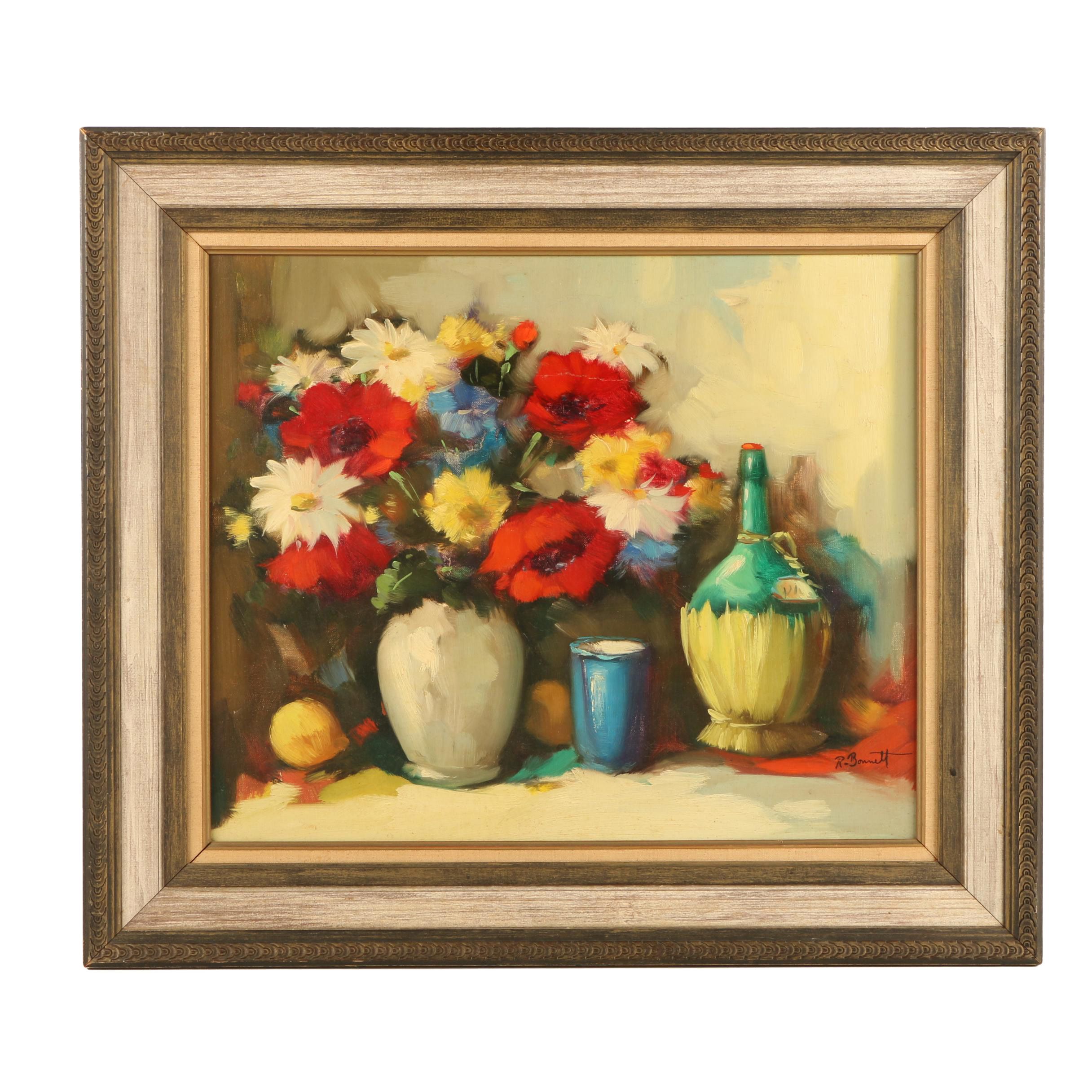 R. Bonnett Oil on Canvas Still Life with Flowers