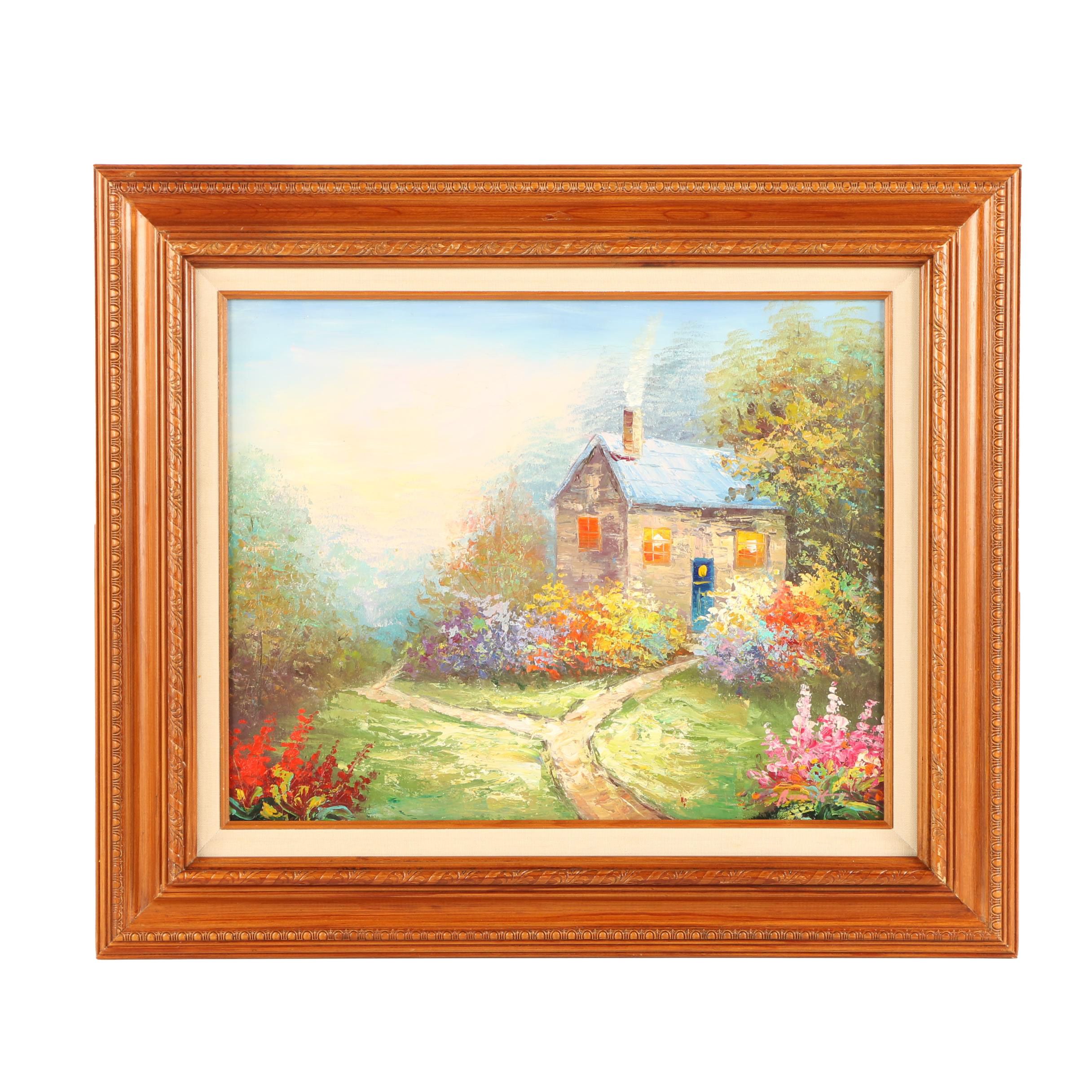Oil Painting on Canvas of a Cottage in the Woods