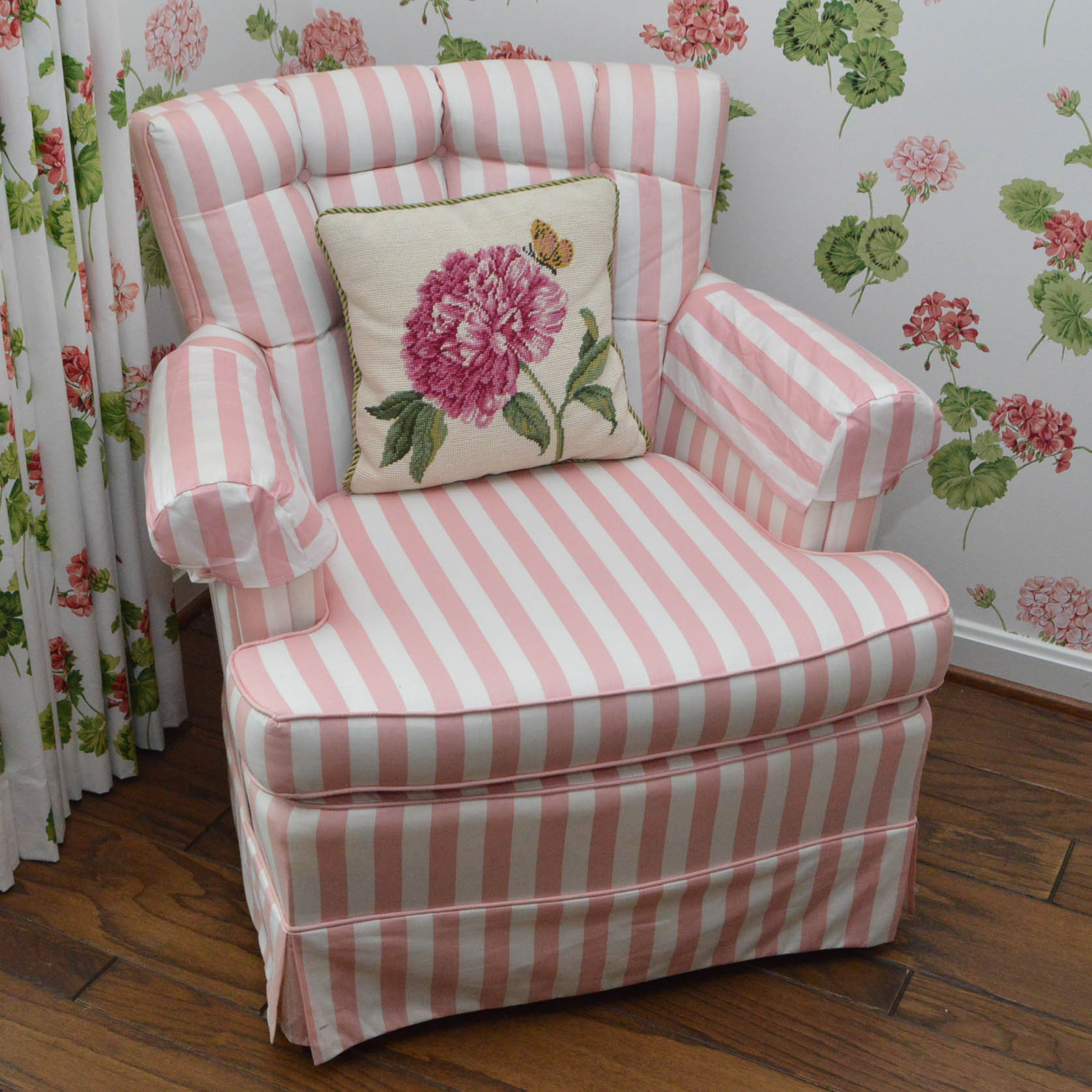 Pink and White Striped Arm Chair
