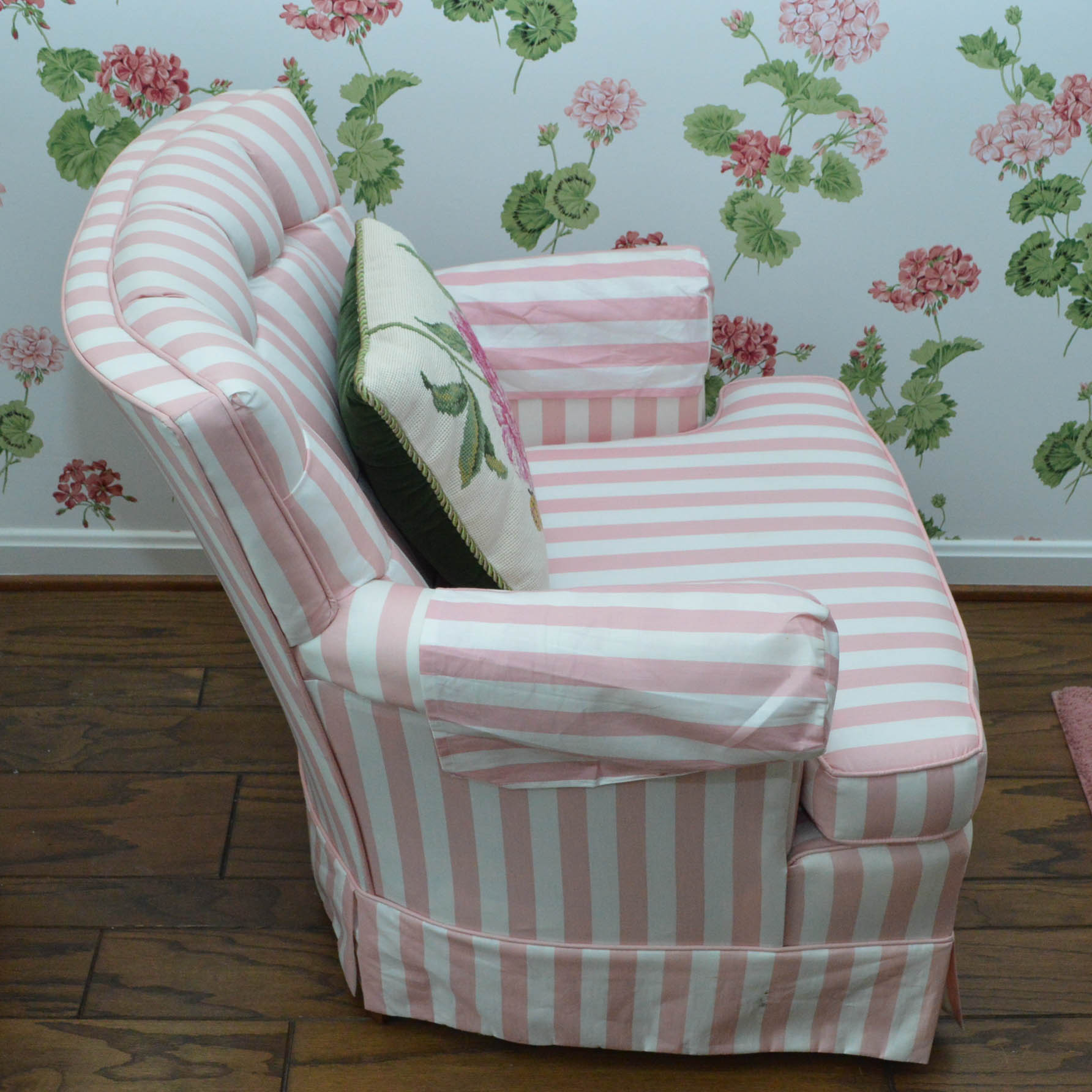Pink and White Striped Arm Chair