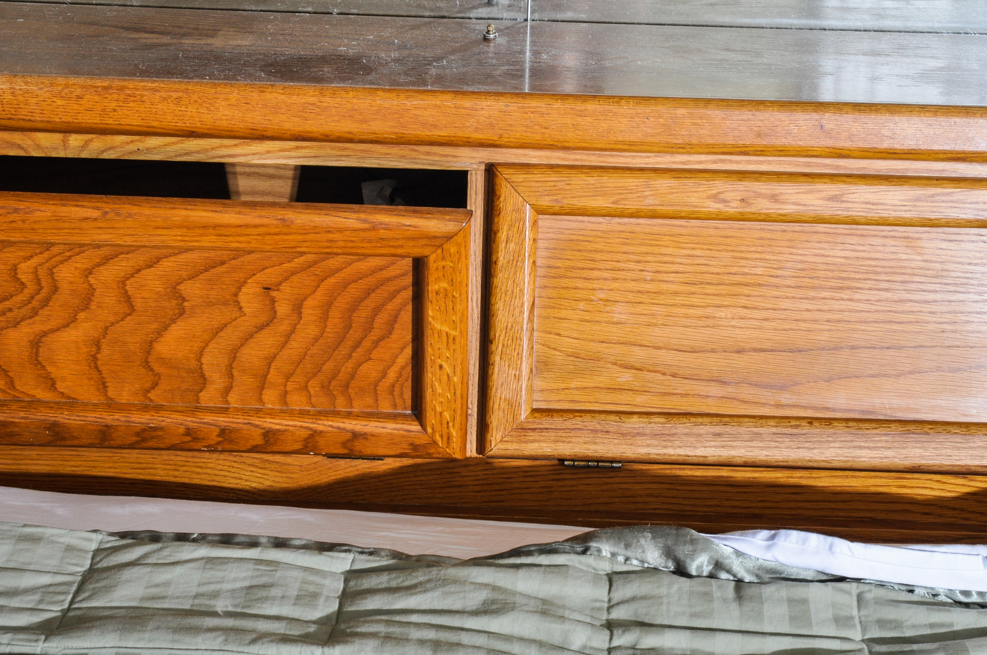 Oak King-Size Bed Frame With Light Bridge and Drawers