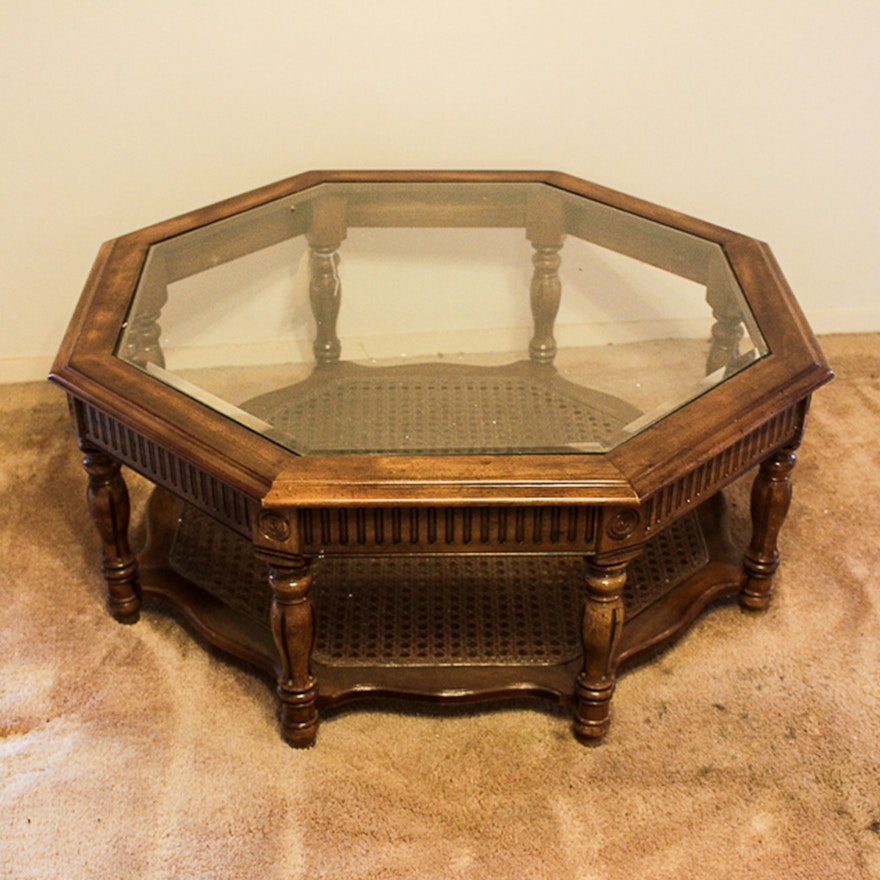 Glass Top Octagonal Coffee Table with Cane Shelf