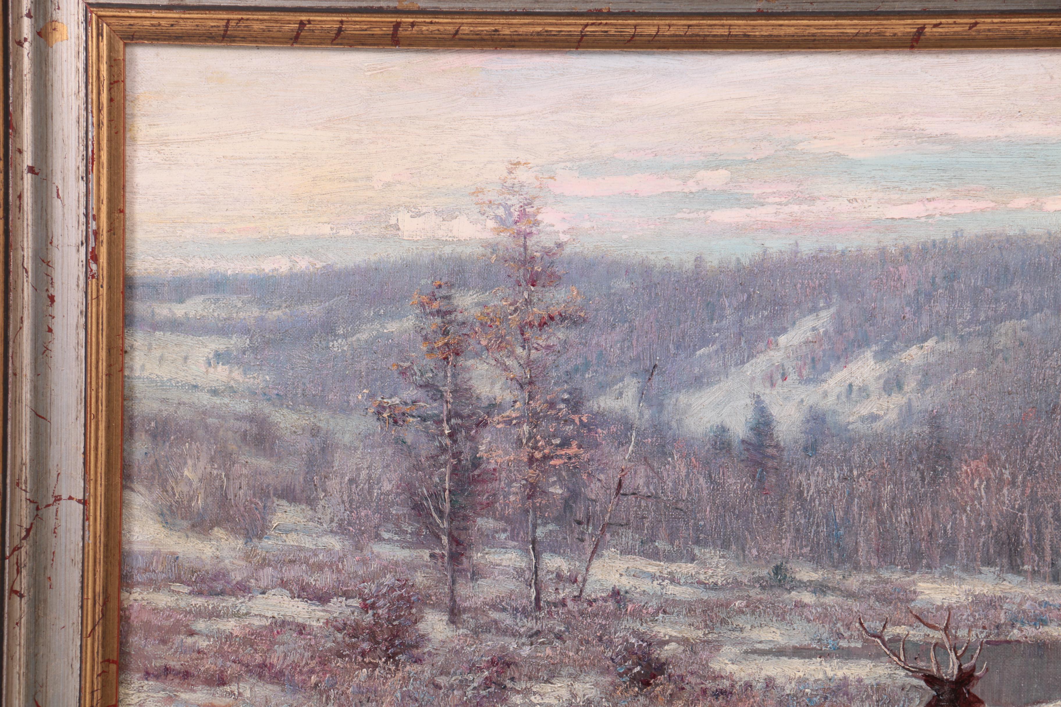 T.C. Lindsay Oil Painting of a Winter Landscape with Elk