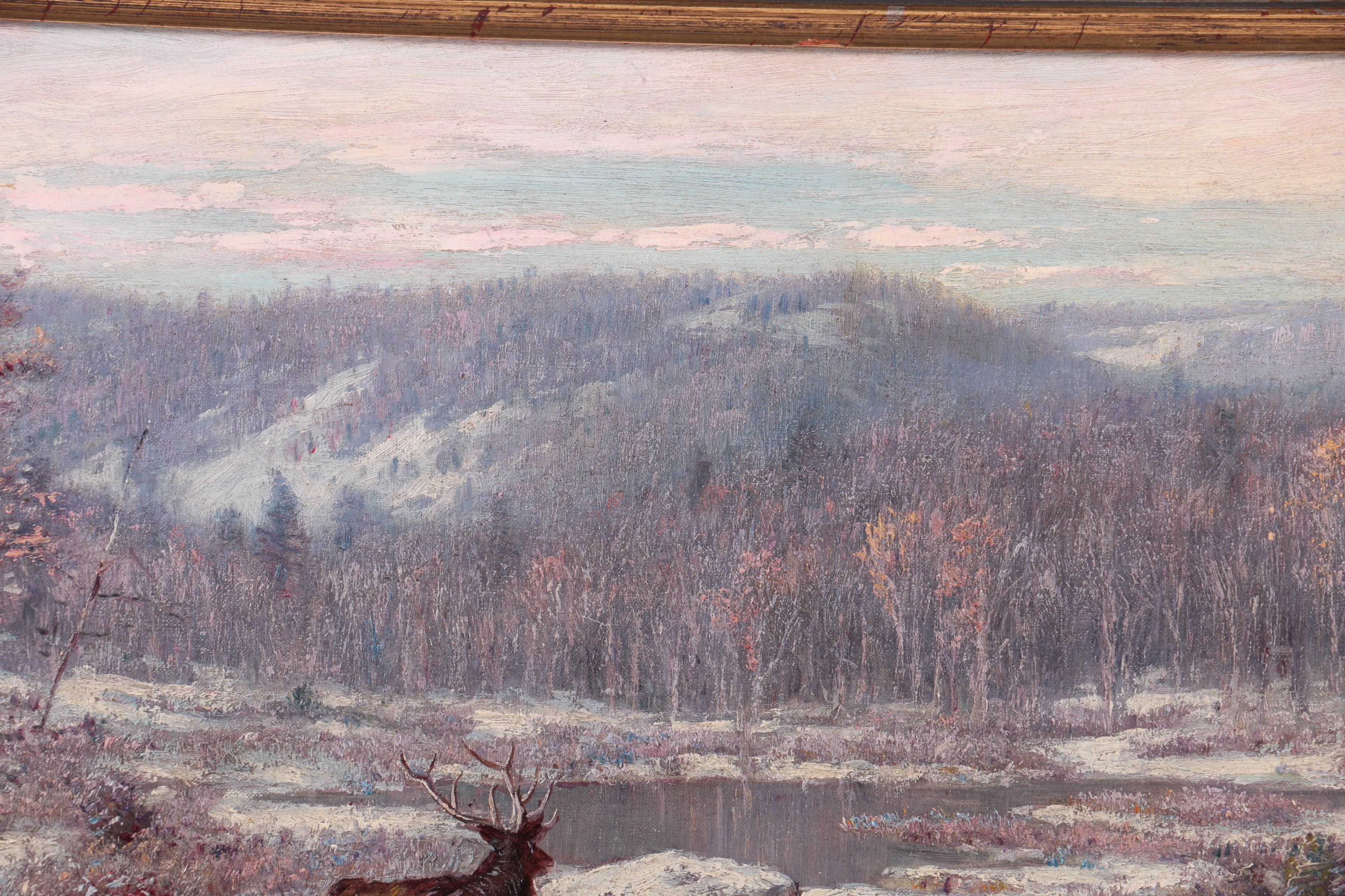 T.C. Lindsay Oil Painting of a Winter Landscape with Elk