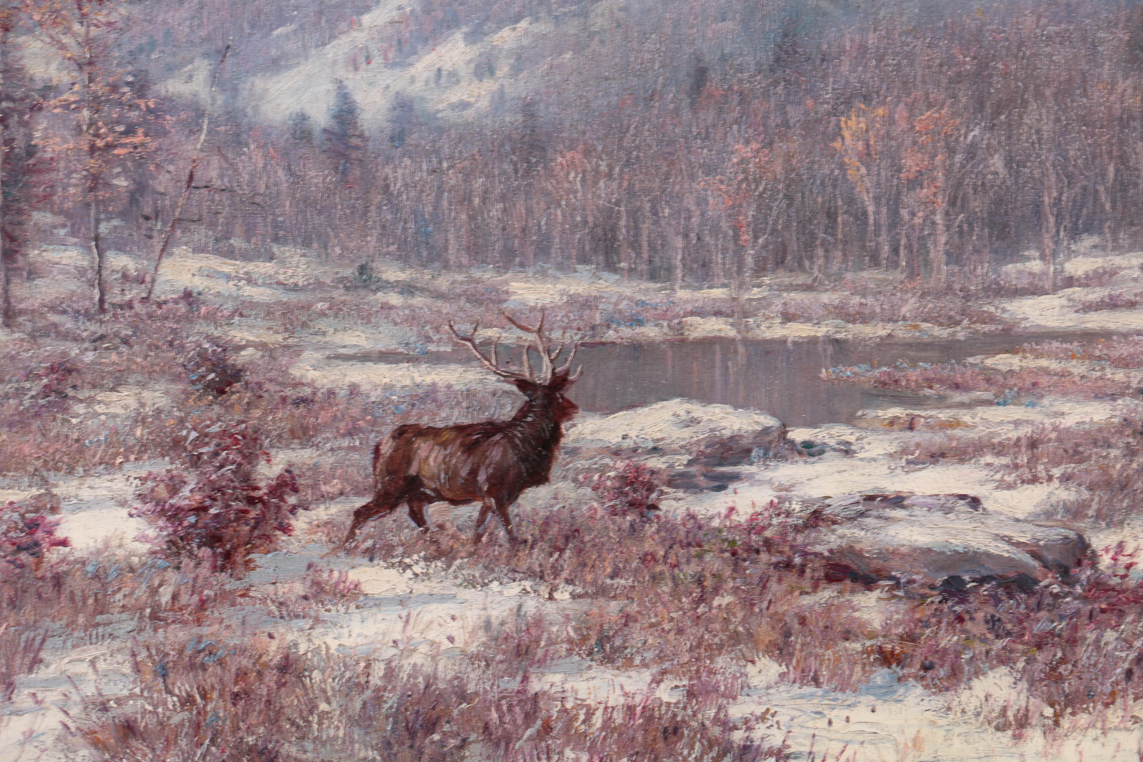 T.C. Lindsay Oil Painting of a Winter Landscape with Elk