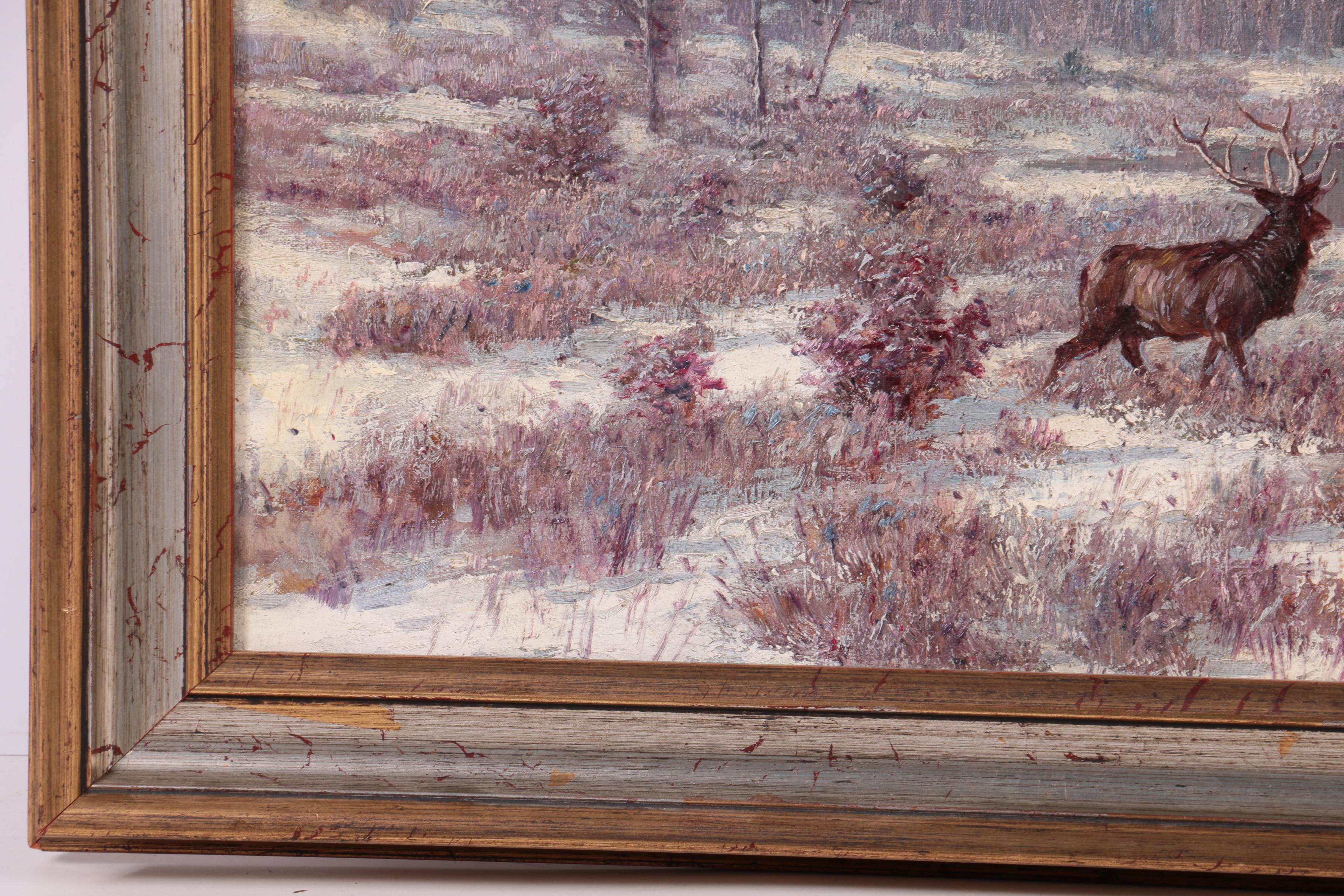 T.C. Lindsay Oil Painting of a Winter Landscape with Elk