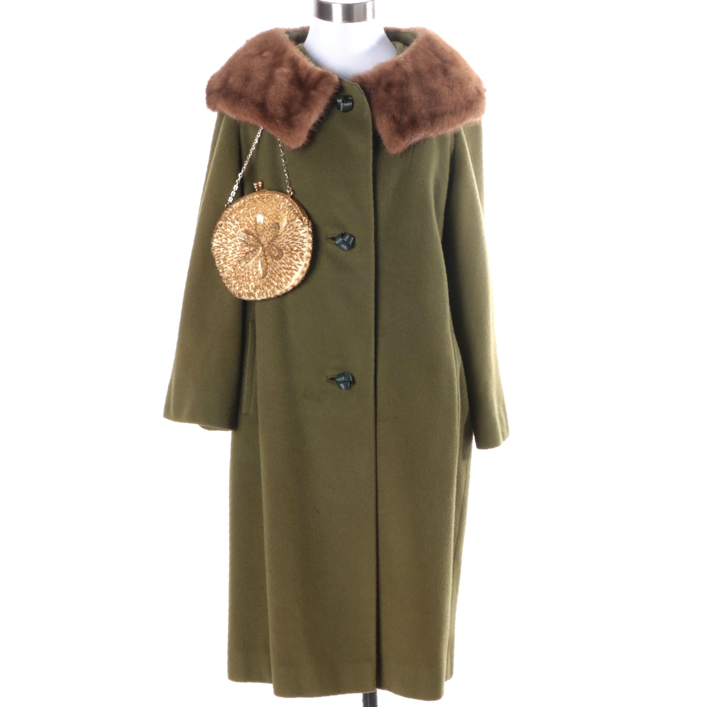 Vintage Cashmere Coat with Fur Collar and Evening Bag