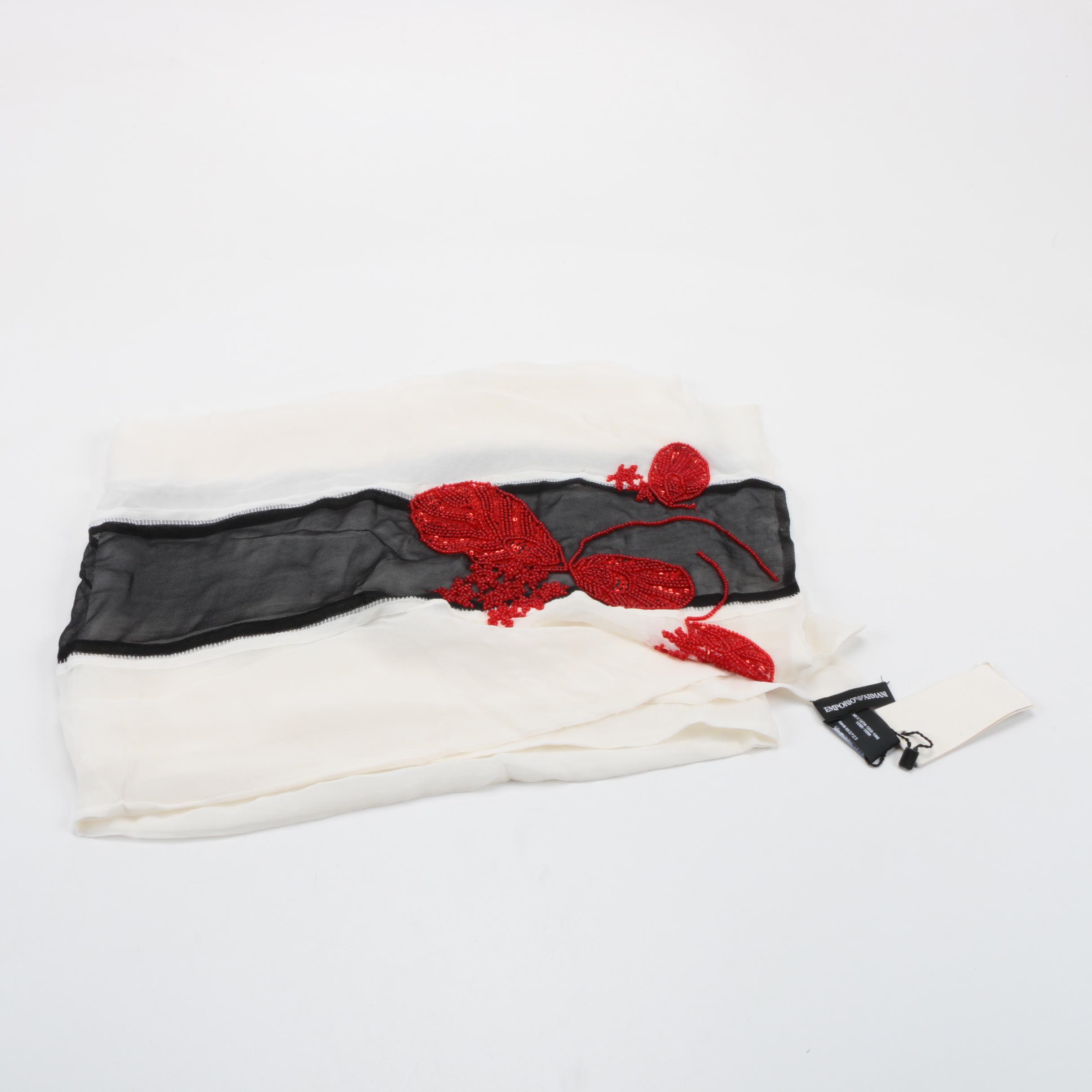 Emporio Armani White and Black Silk Scarf