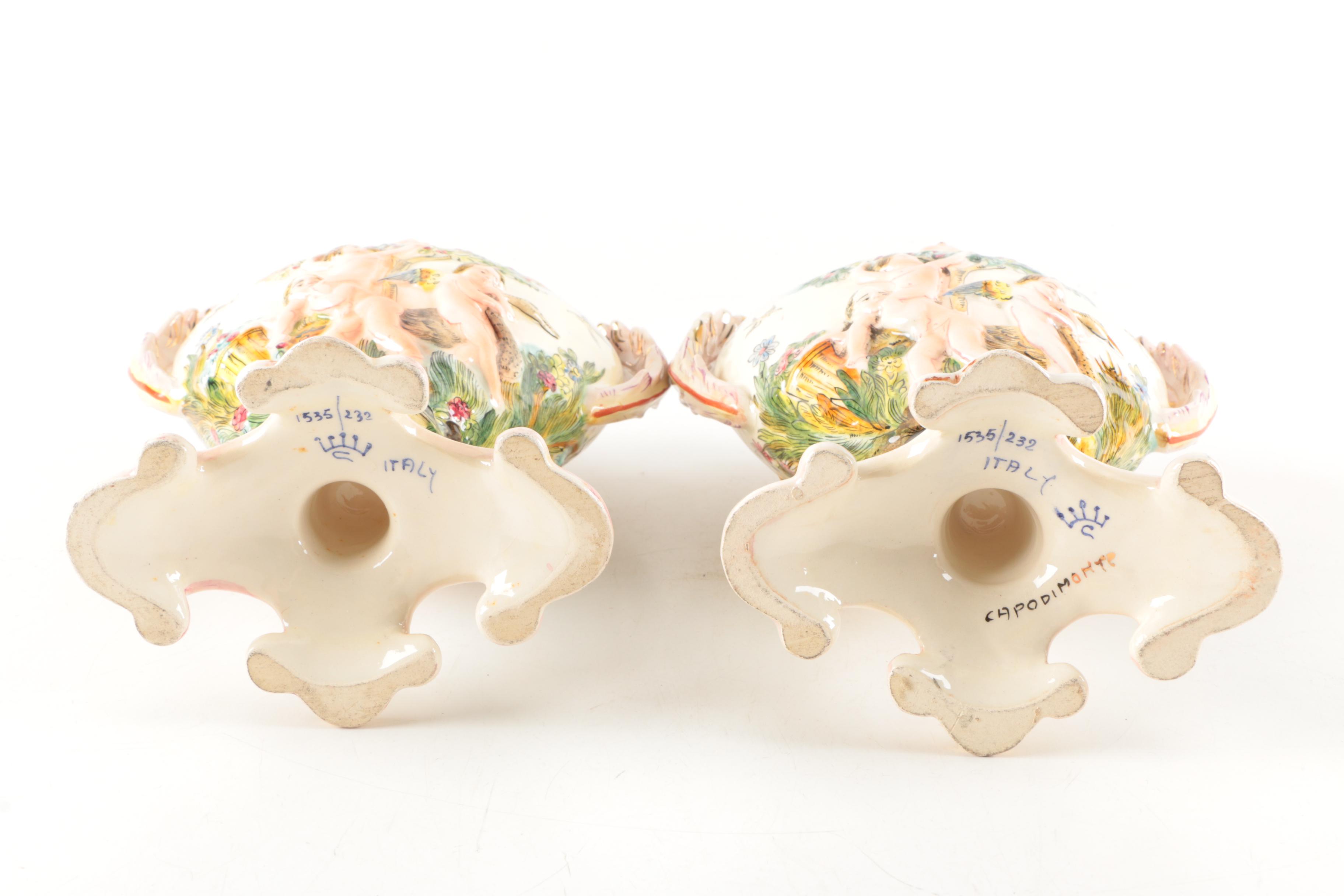 Pair of Capodimonte Trophy Style Vases