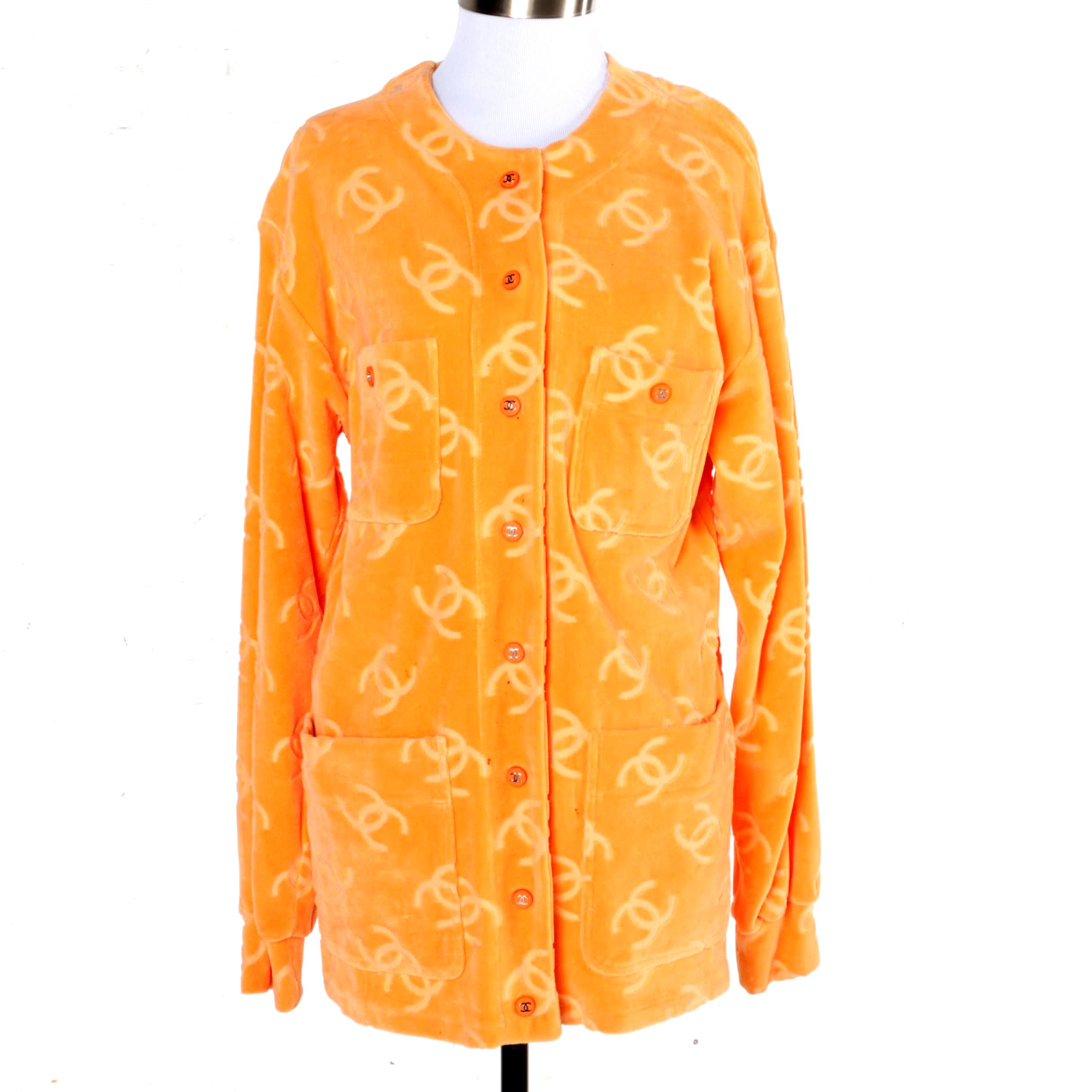 Chanel Orange Velour CC Logo Cardigan