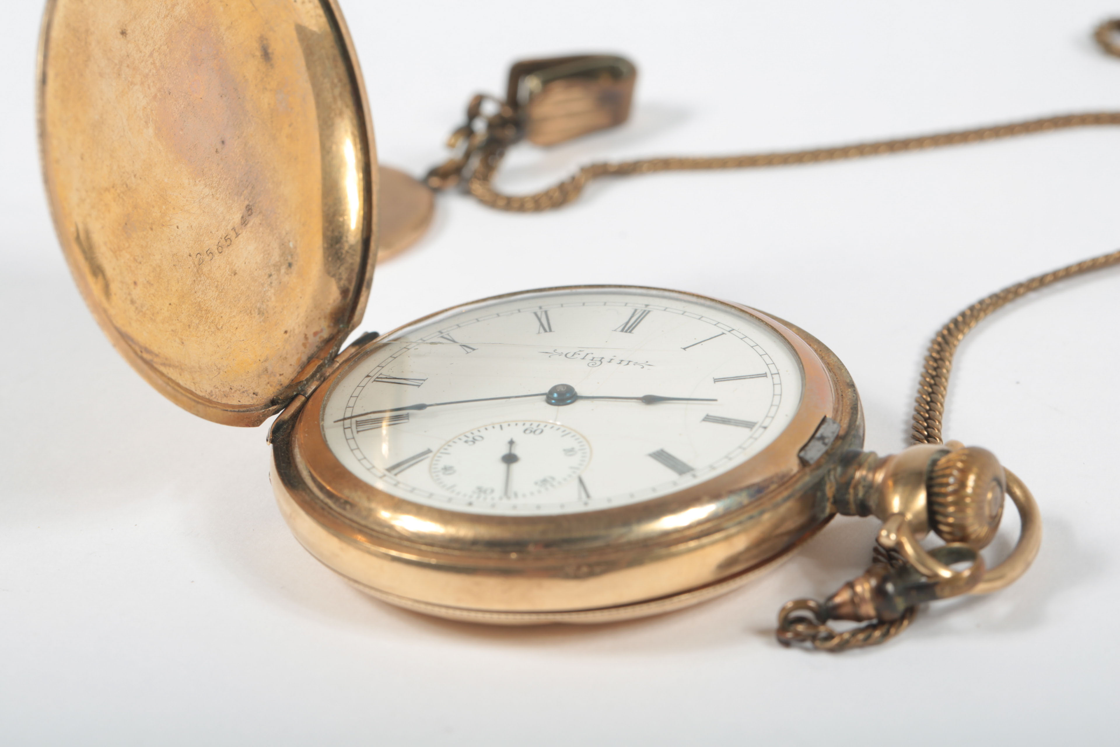 Antique Elgin Gold Plated Pocket Watch with Chain and Fob