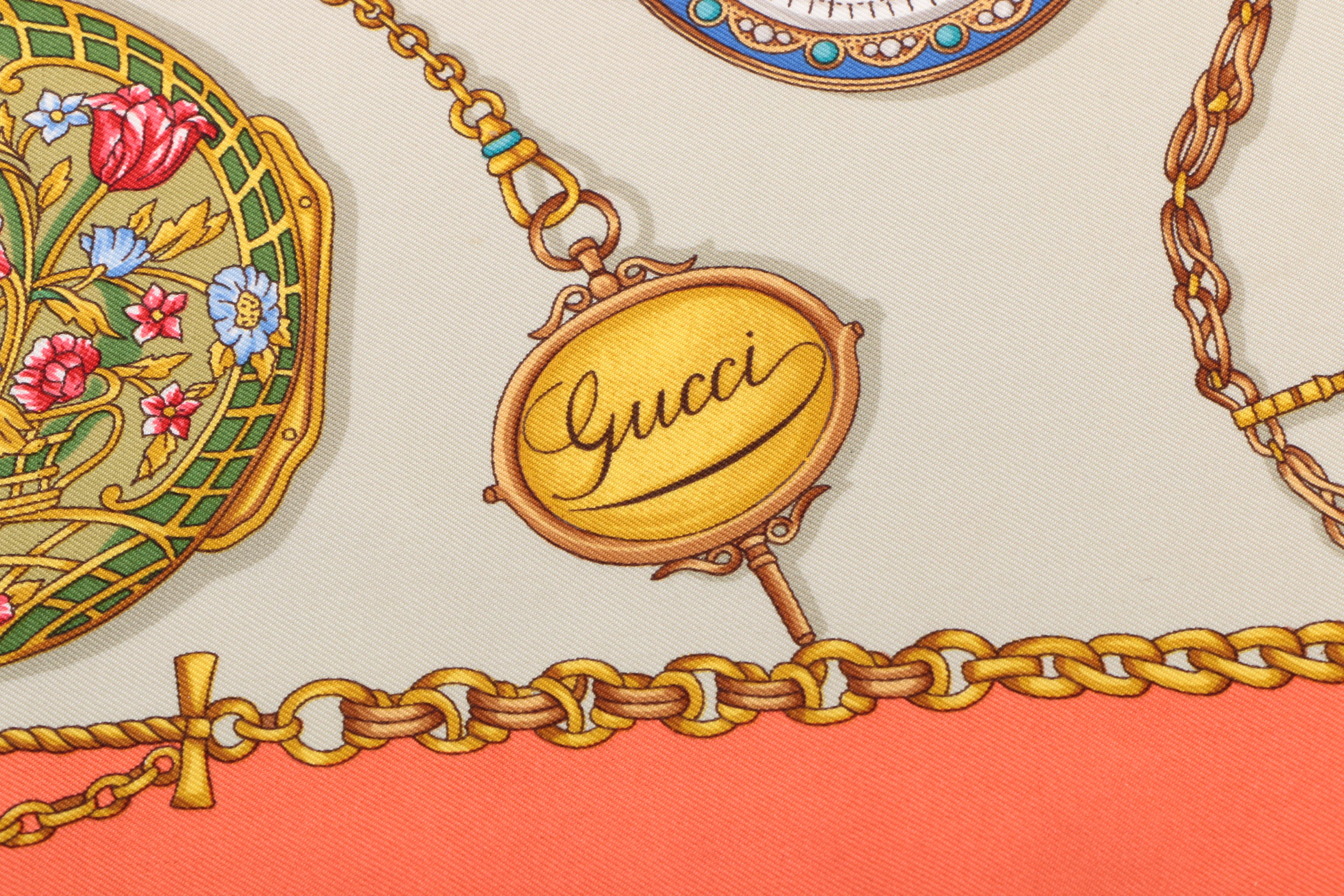 Vintage Gucci Pocket Watch Themed Silk Scarf