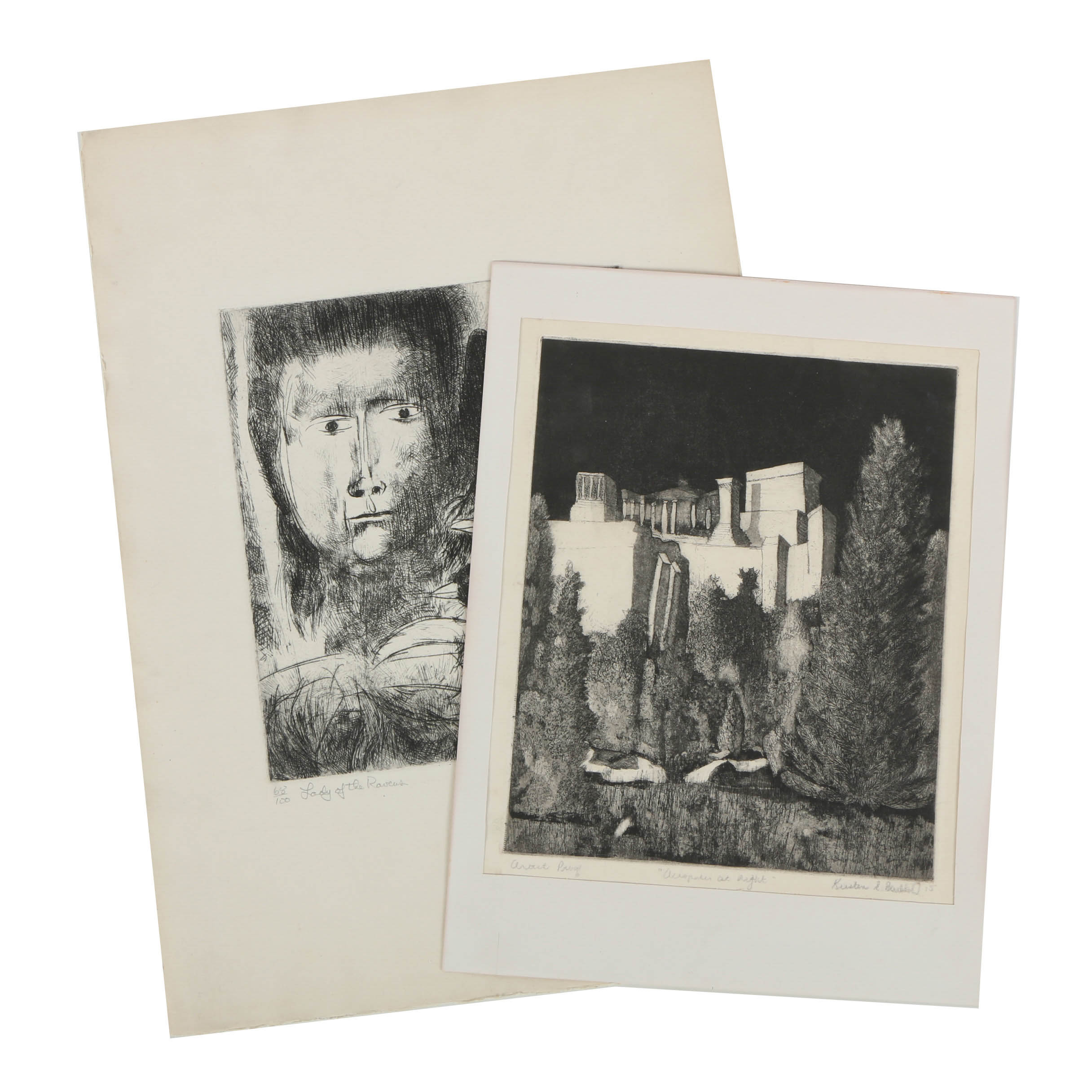 Pair of Etchings on Paper of Dark Compositions