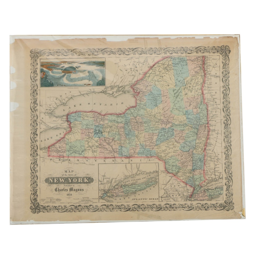 Charles Magnus Hand Color Lithograph on Paper "Map of the State of New York"