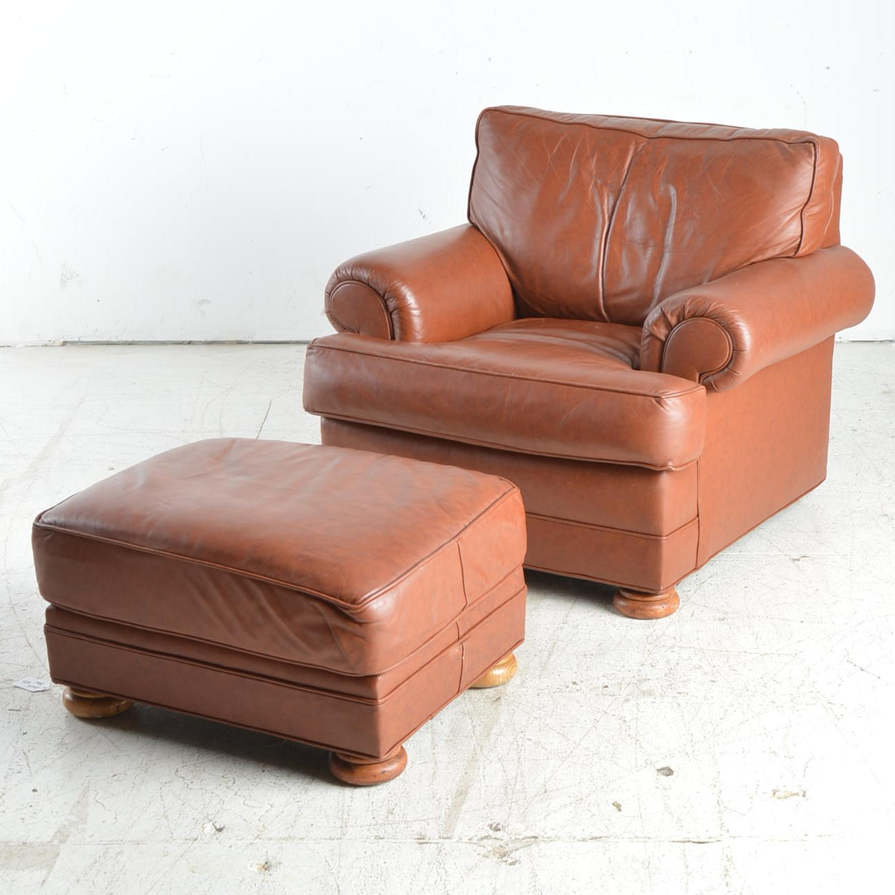 Vintage Brown Leather Armchair with Ottoman