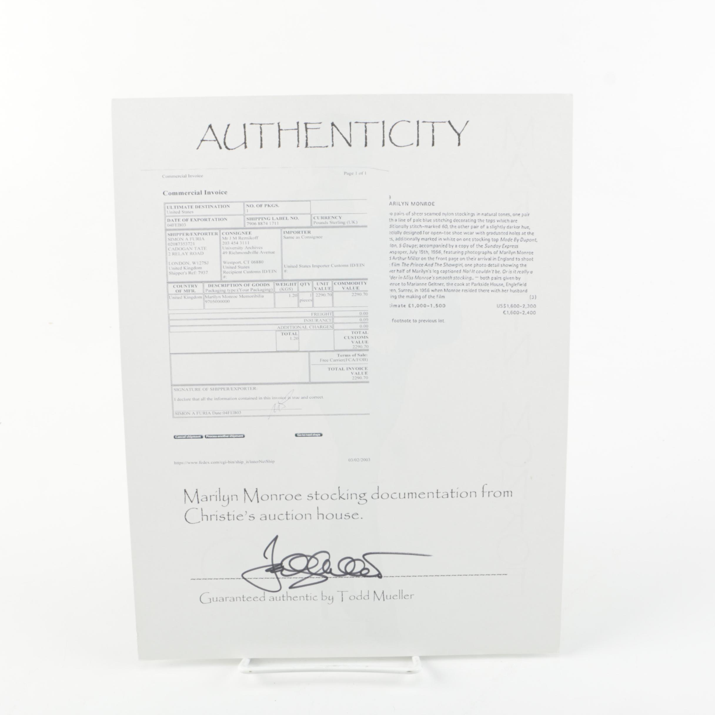 Marilyn Monroe, Frank Sinatra, and White House Relic Cards With COA