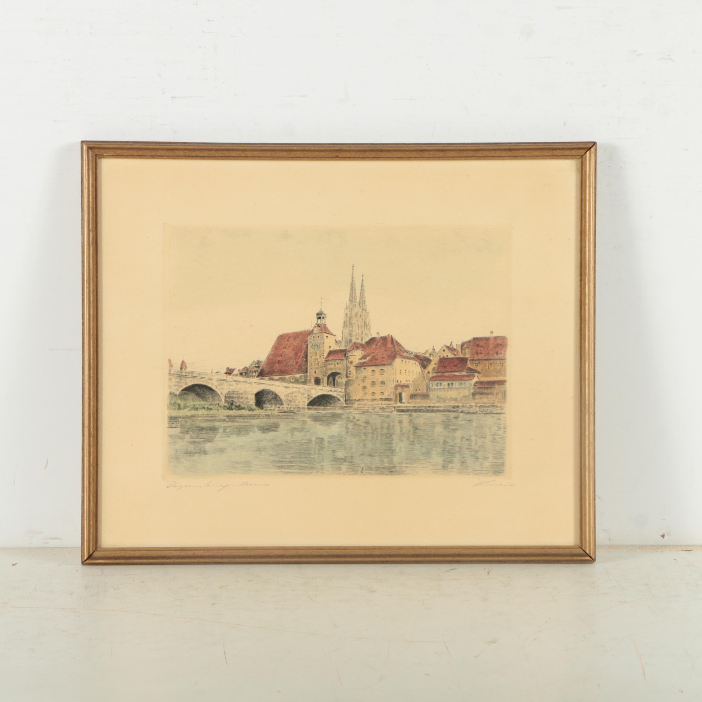 Hand Colored Etching "Regensburg Dom"