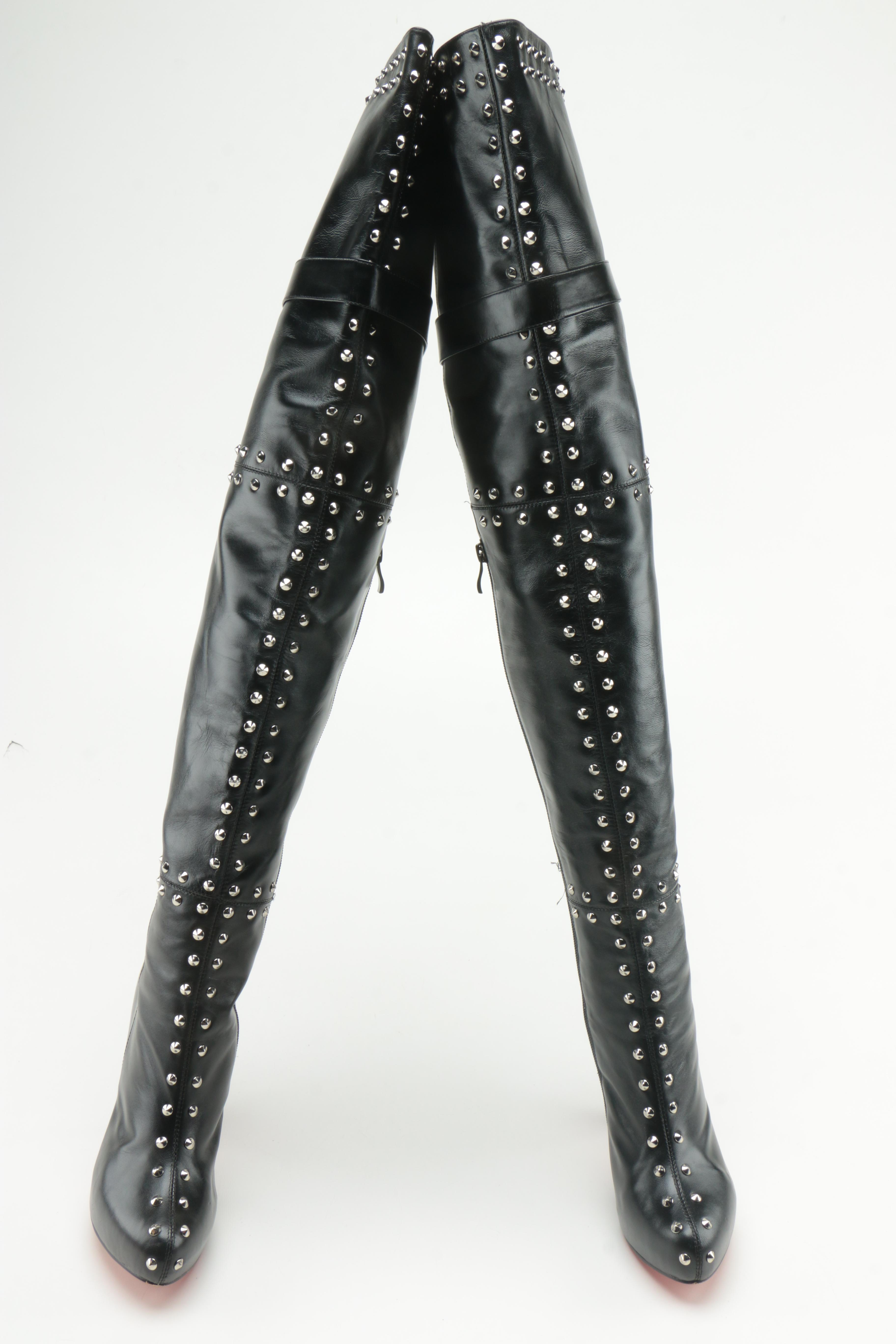 Christian Louboutin Leather Studded Thigh High Boots