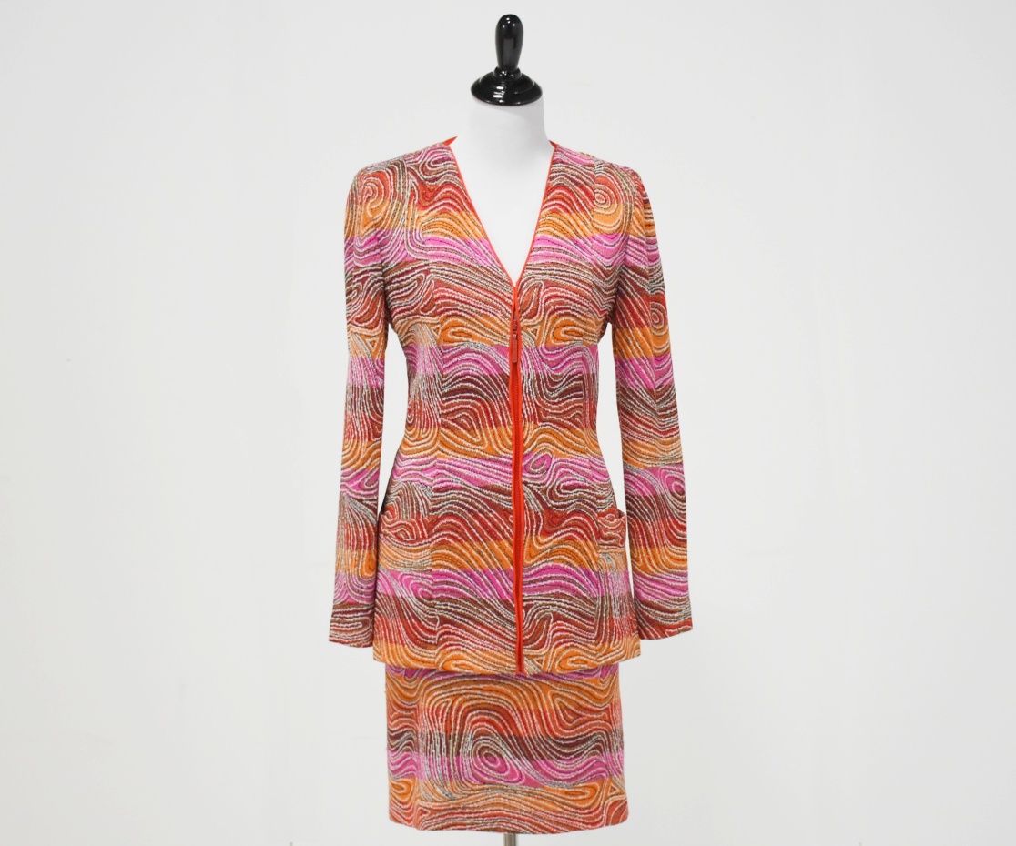 Missoni Italian Made Knit Jacket and Skirt in a Colorful Swirl Pattern