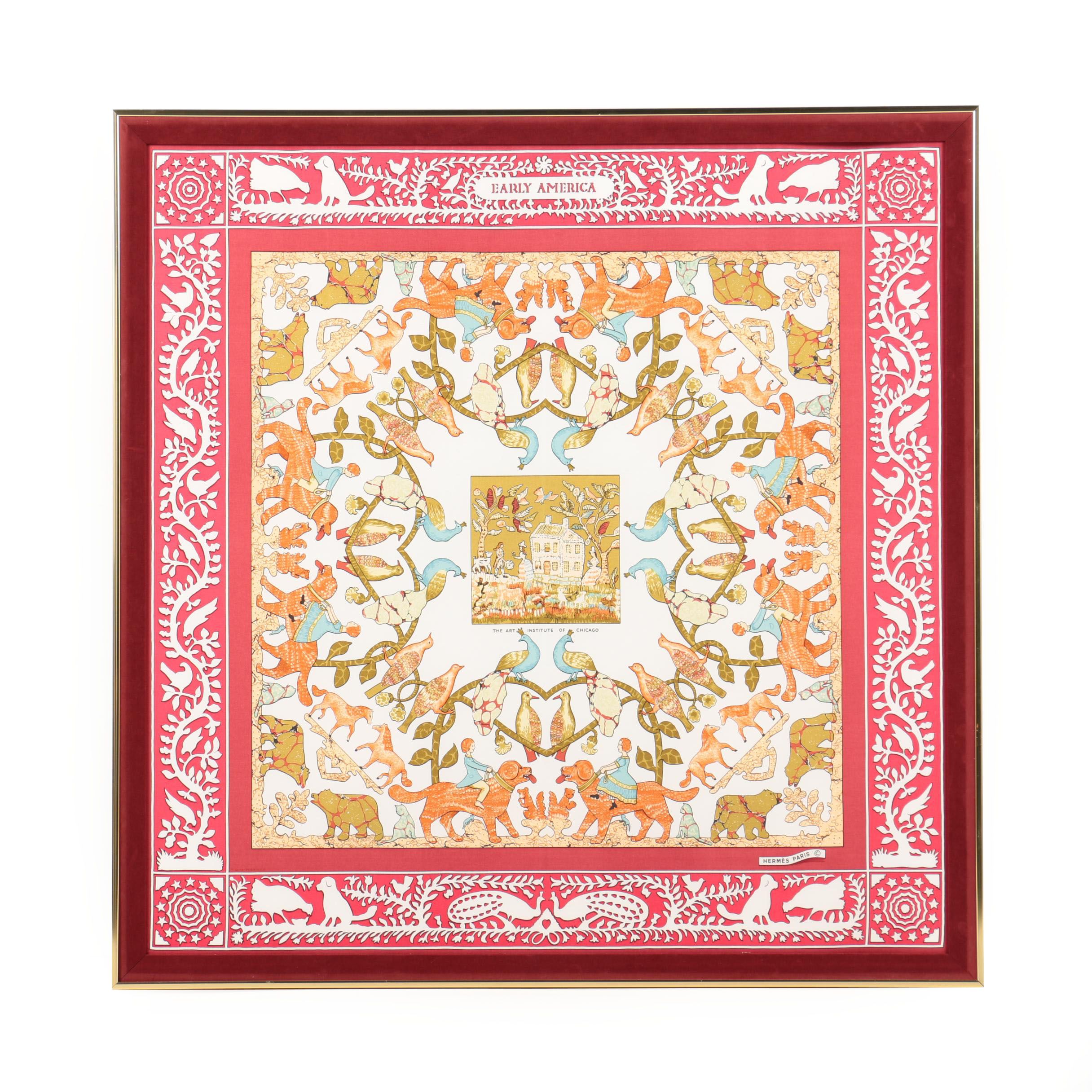 Framed Hermès of Paris "Early America" Art Institute of Chicago Scarf