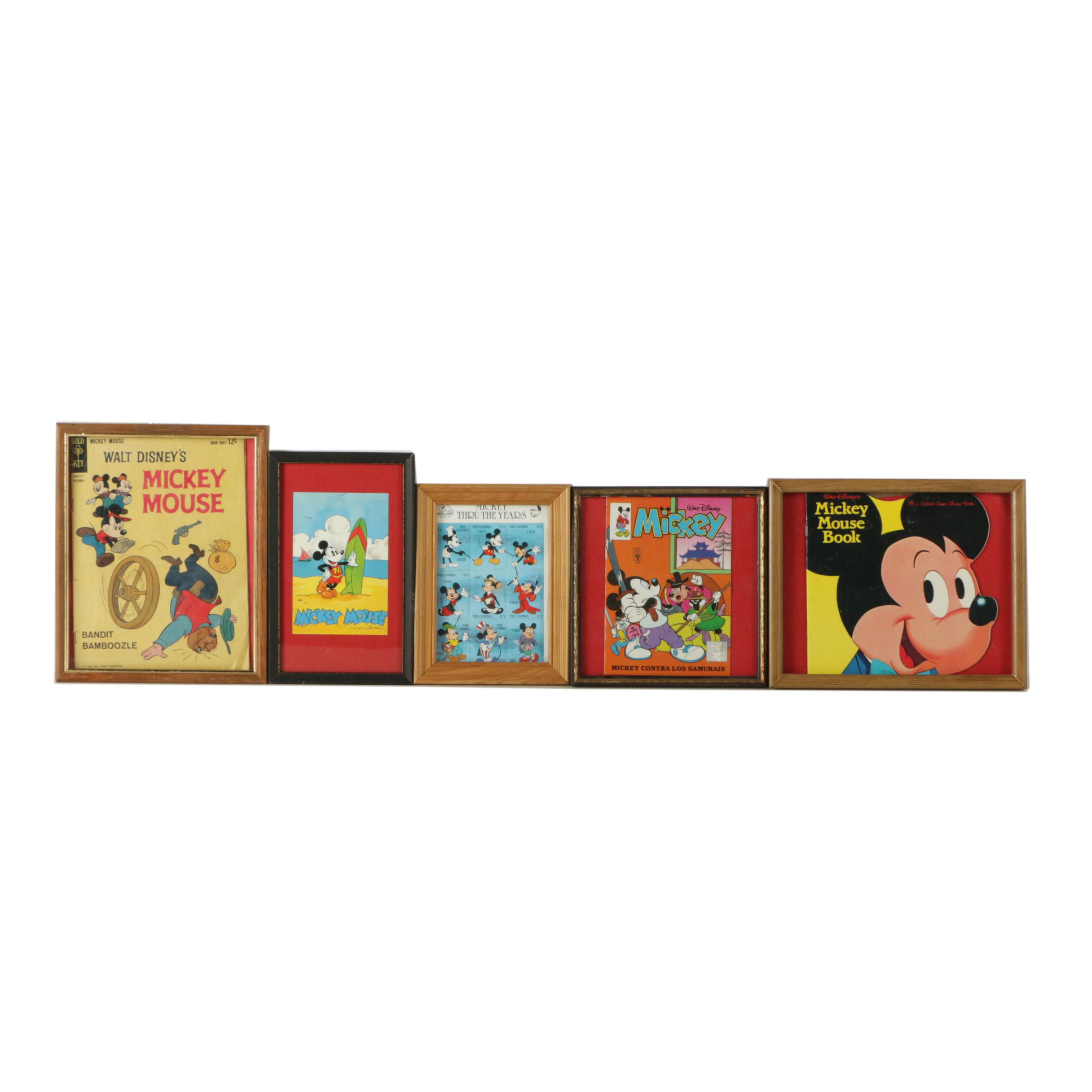 Framed Vintage Mickey Mouse Books and Memorabilia