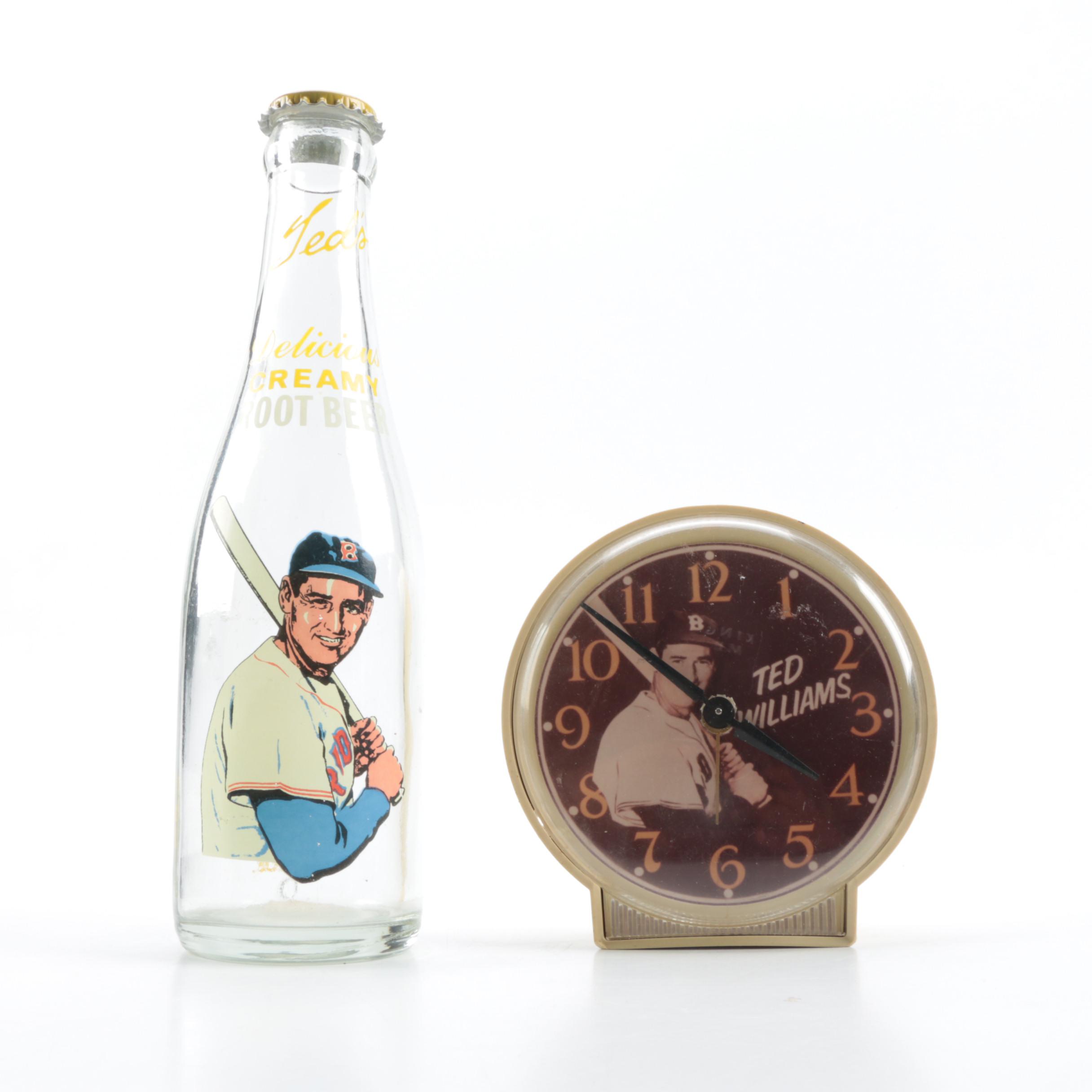 Vintage Ted Williams Shelf Clock and Root Beer Bottle