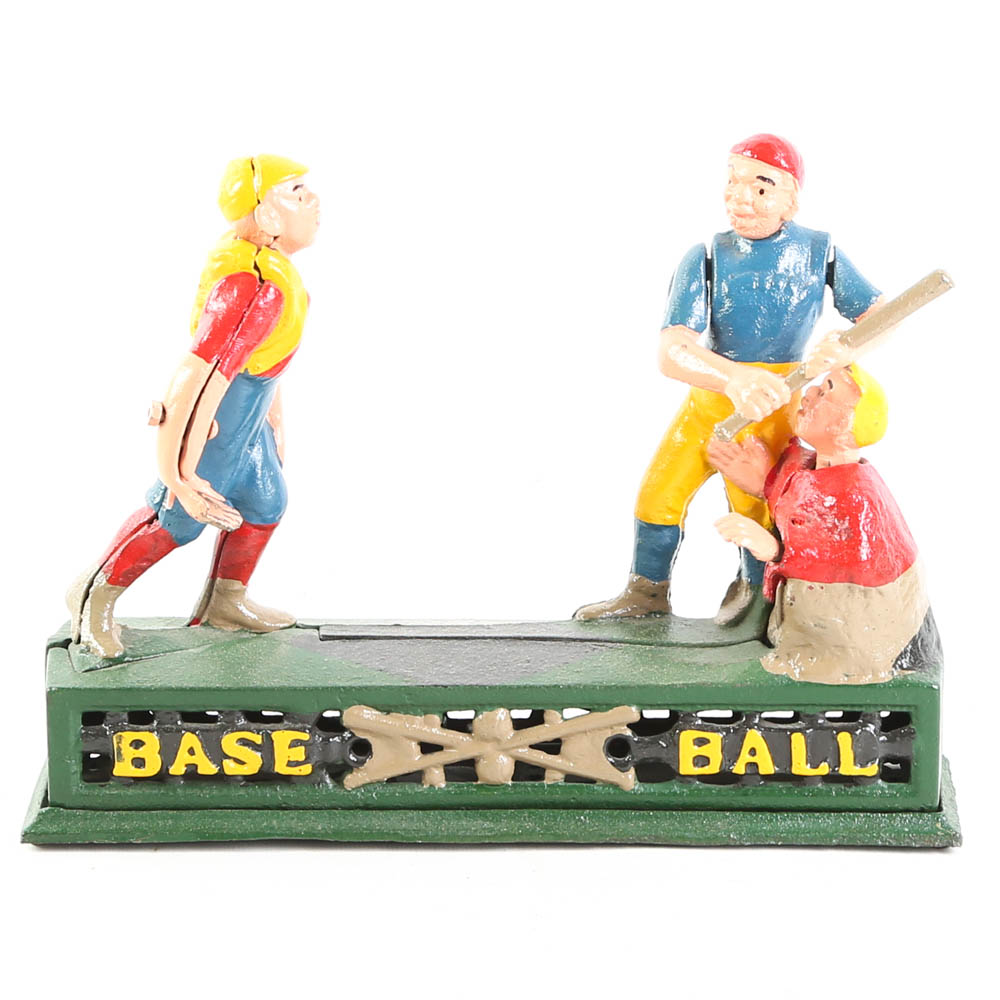 Vintage Cast Iron Mechanical Baseball Coin Bank