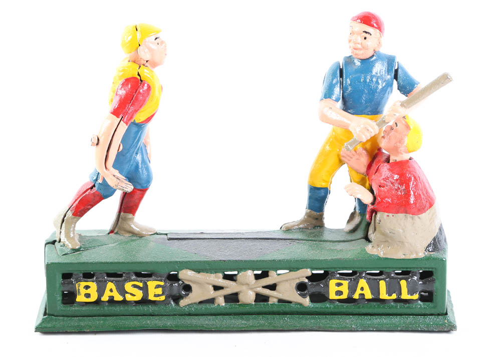 Vintage Cast Iron Mechanical Baseball Coin Bank