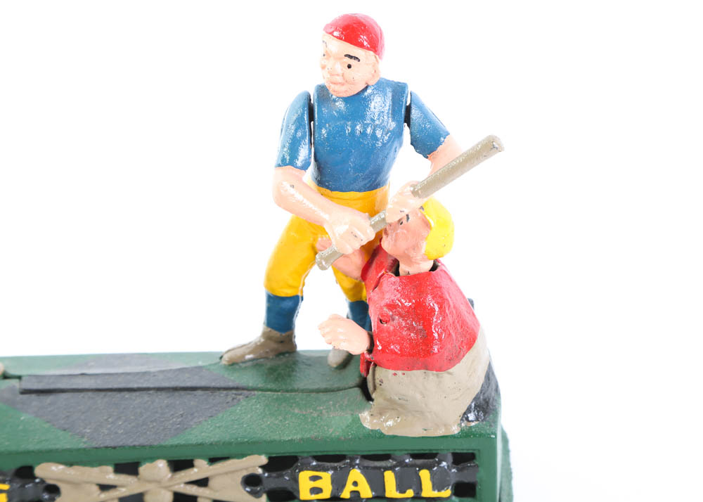 Vintage Cast Iron Mechanical Baseball Coin Bank