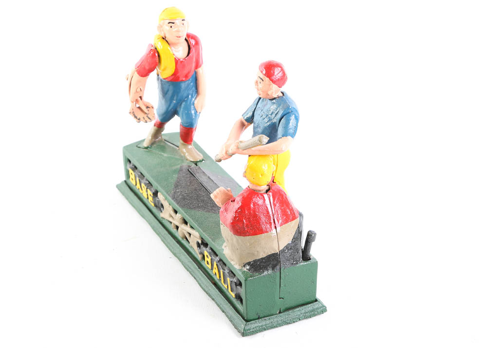 Vintage Cast Iron Mechanical Baseball Coin Bank