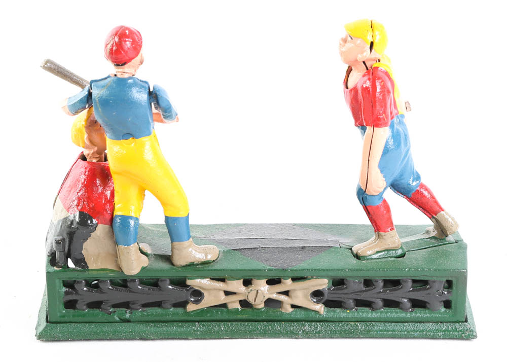 Vintage Cast Iron Mechanical Baseball Coin Bank