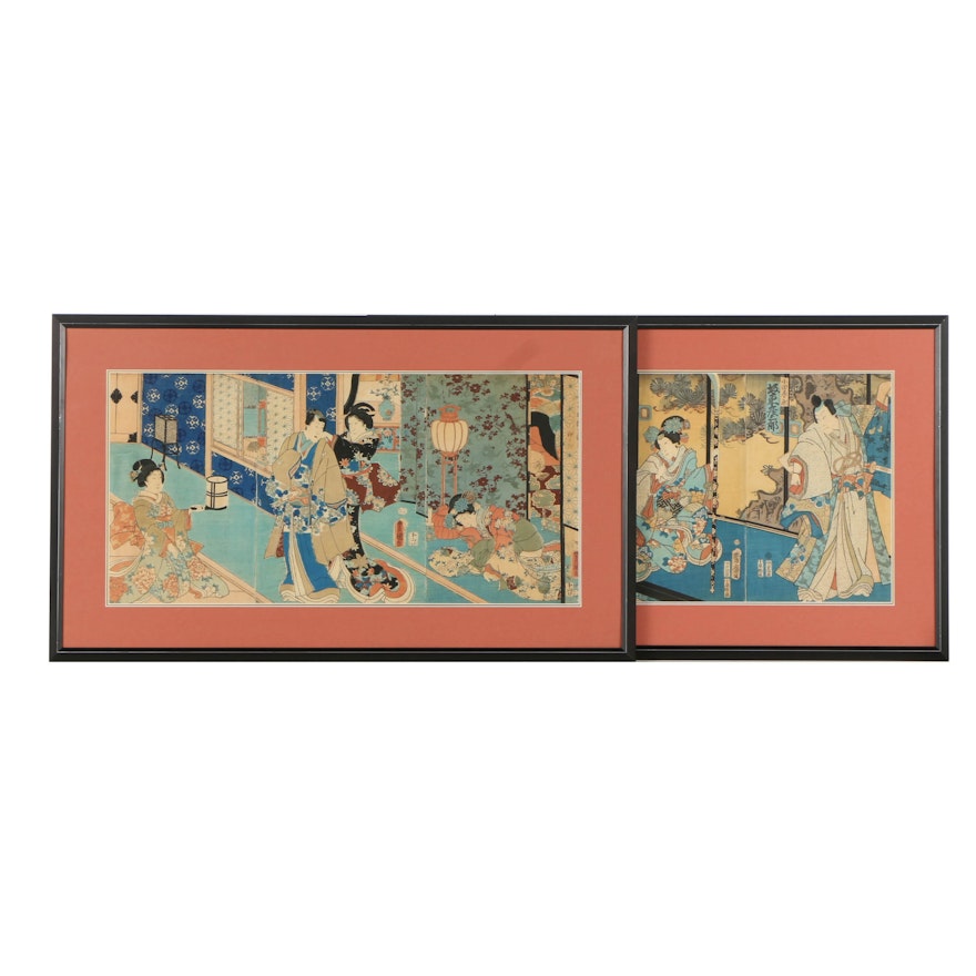 Pair of Ukiyo-e Restrike Woodblock Prints on Paper After Utagawa Kuniaki II