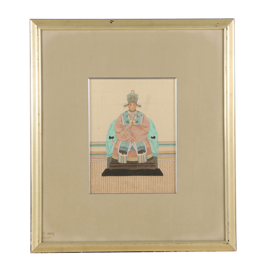 East Asian Gouache and Watercolor Painting on Silk of Seated Regal Figure