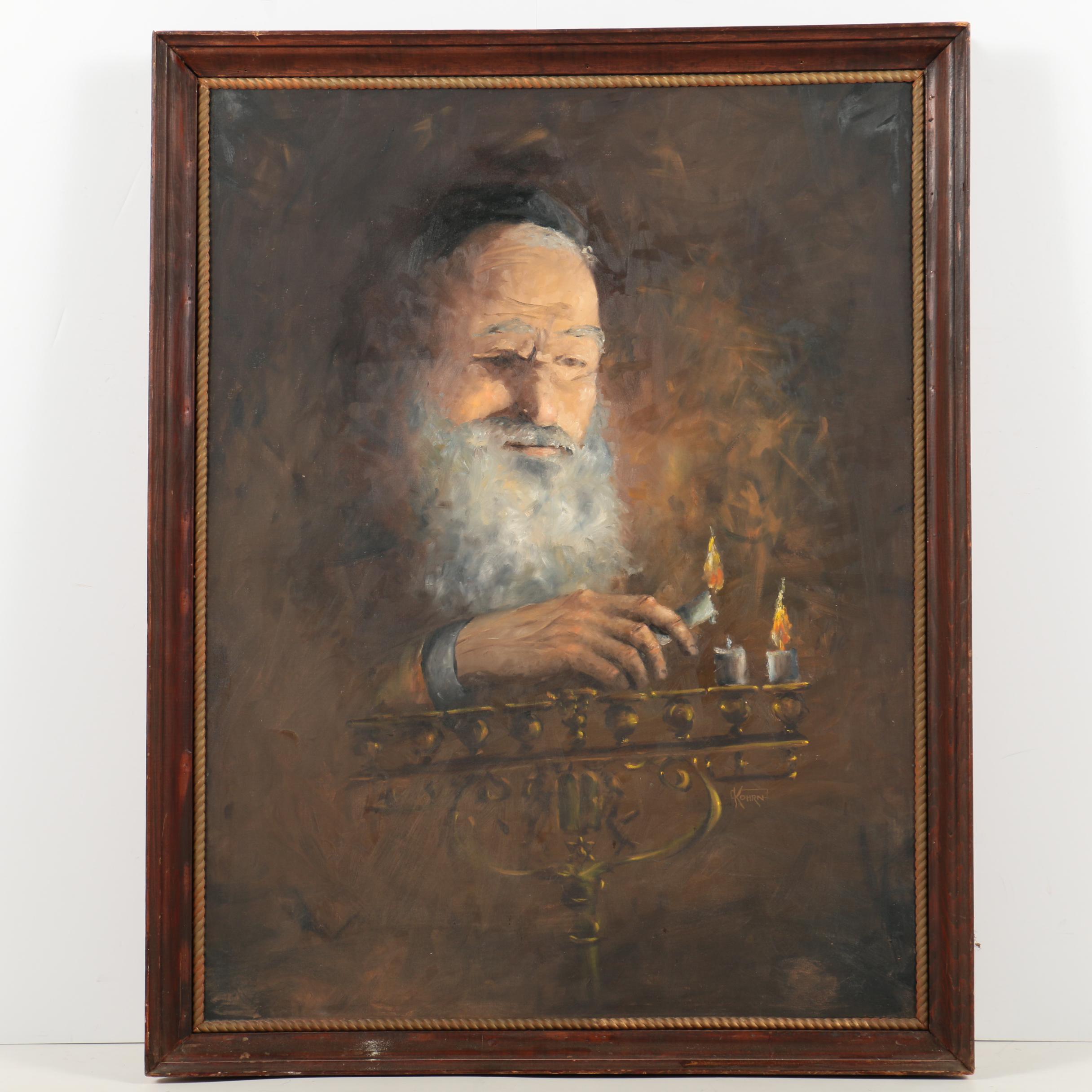 Kohrn Oil Painting on Canvas of a Man Lighting a Menorah