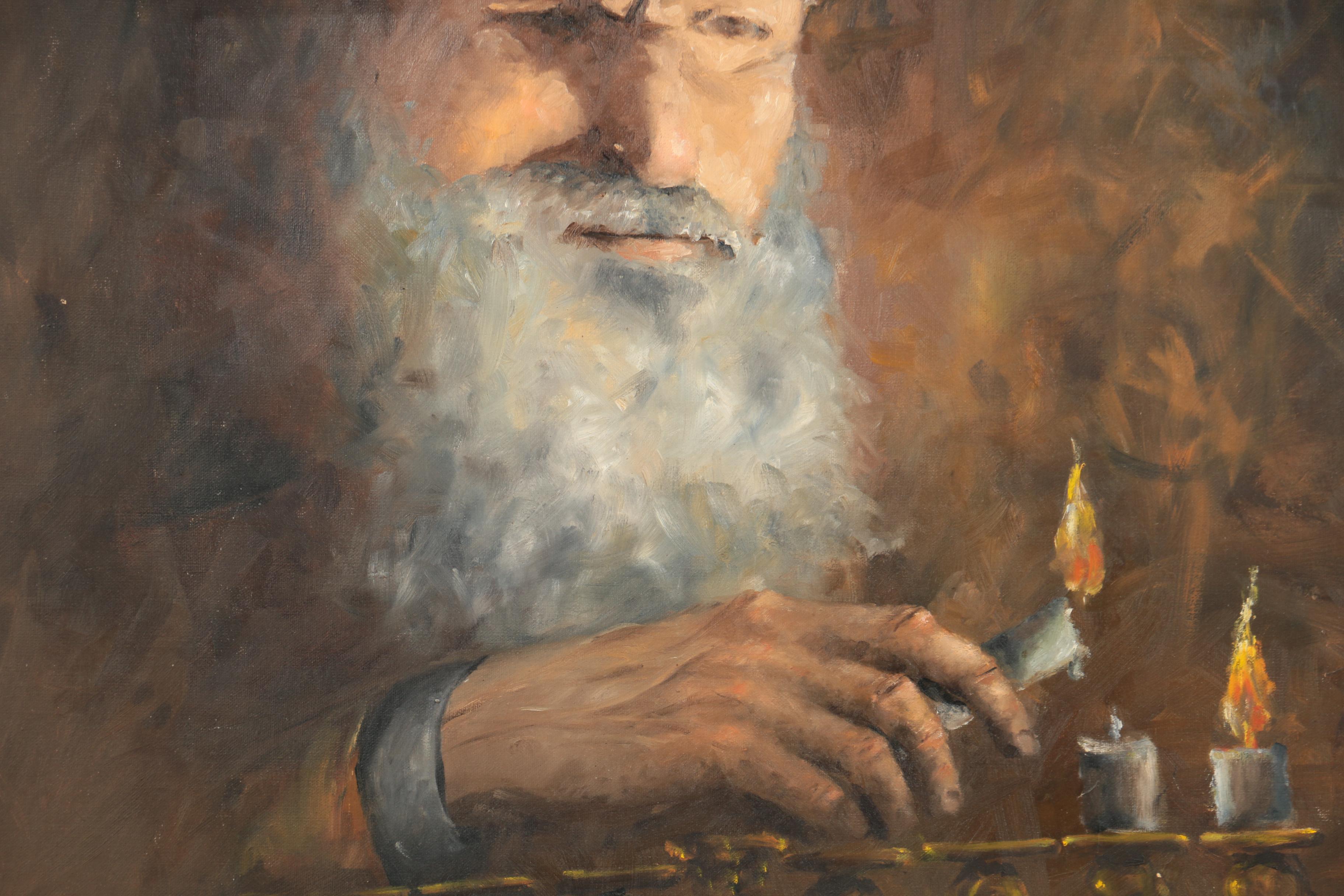 Kohrn Oil Painting on Canvas of a Man Lighting a Menorah