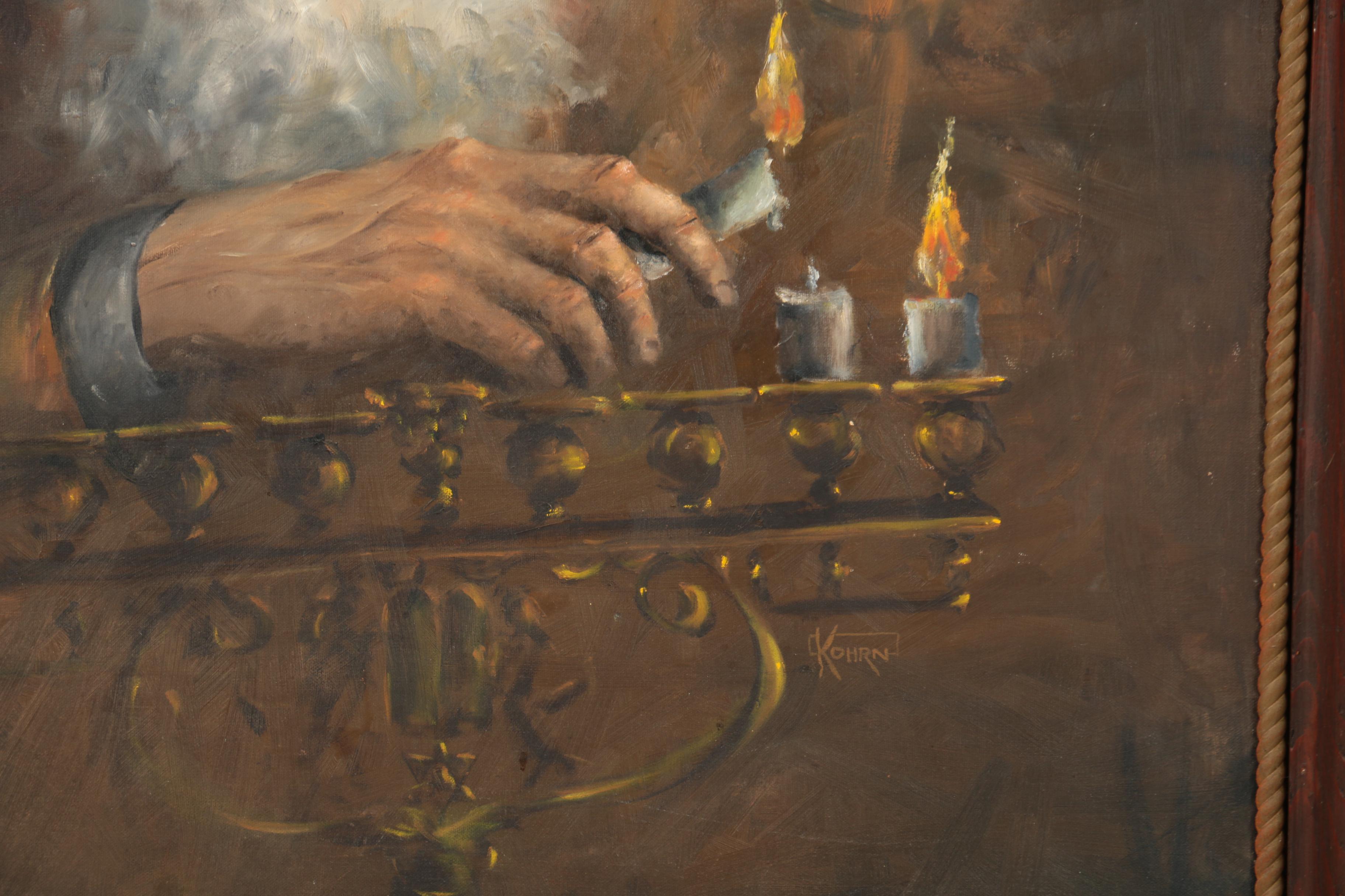 Kohrn Oil Painting on Canvas of a Man Lighting a Menorah