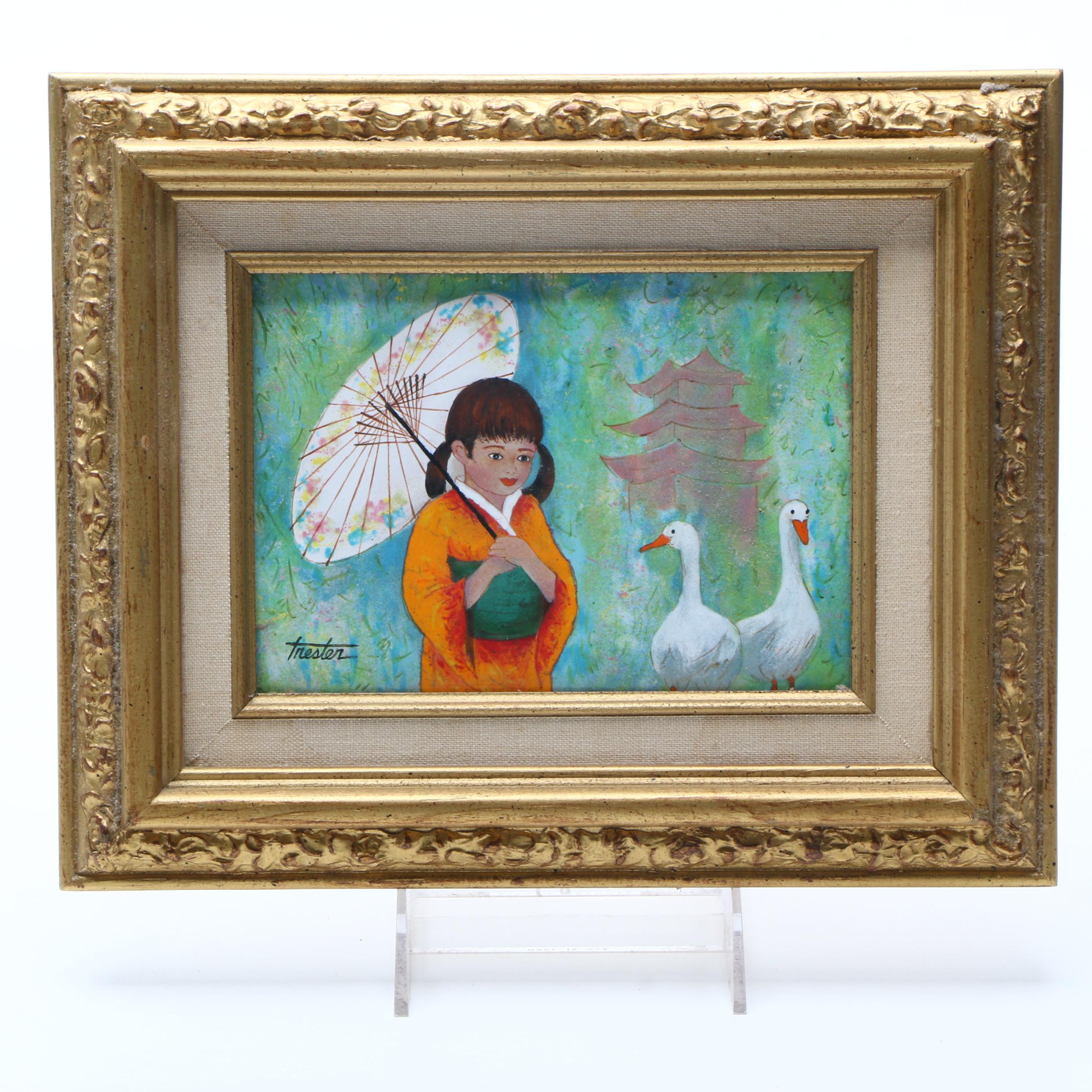 Lorraine Trester Enamel Artwork of a Girl in a Kimono